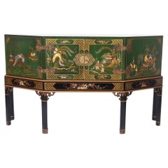 Retro Chinoiserie English Green Cabinet on Stand