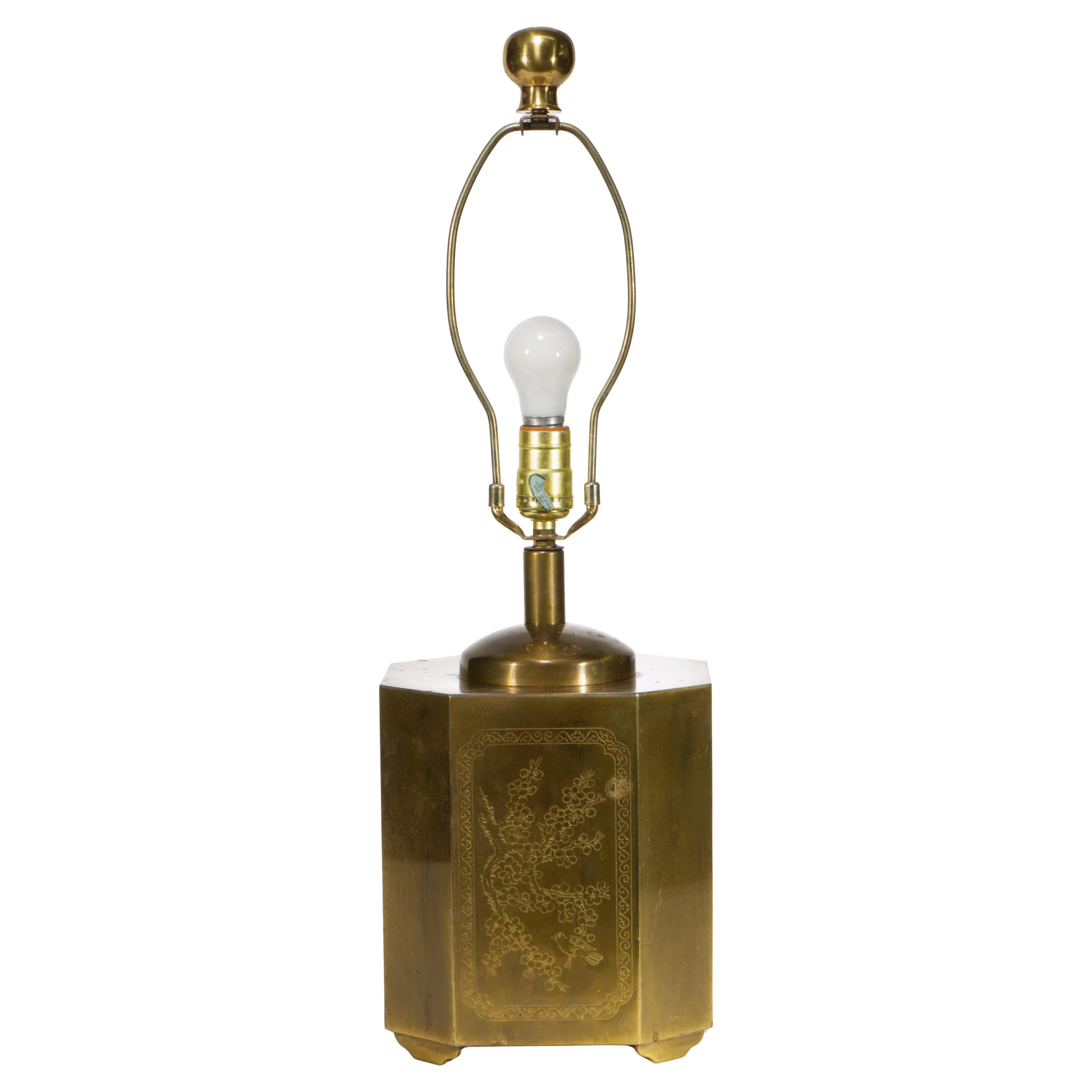 Chinoiserie Etched Brass Tea Caddy Canister Table Lamp, 1970s