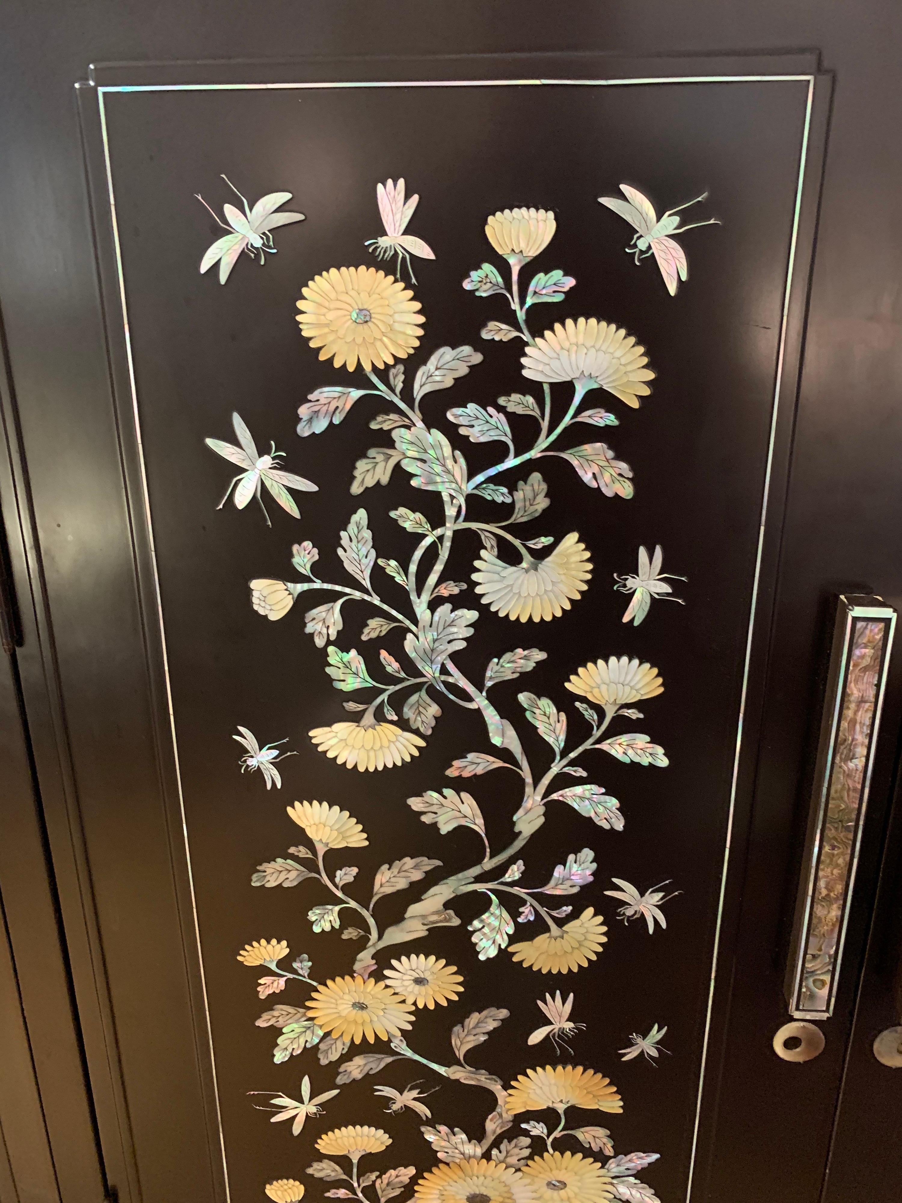 Chinoiserie Extra Large 3-Piece Mother of Pearl Wardrobe Cabinet Armoire 2