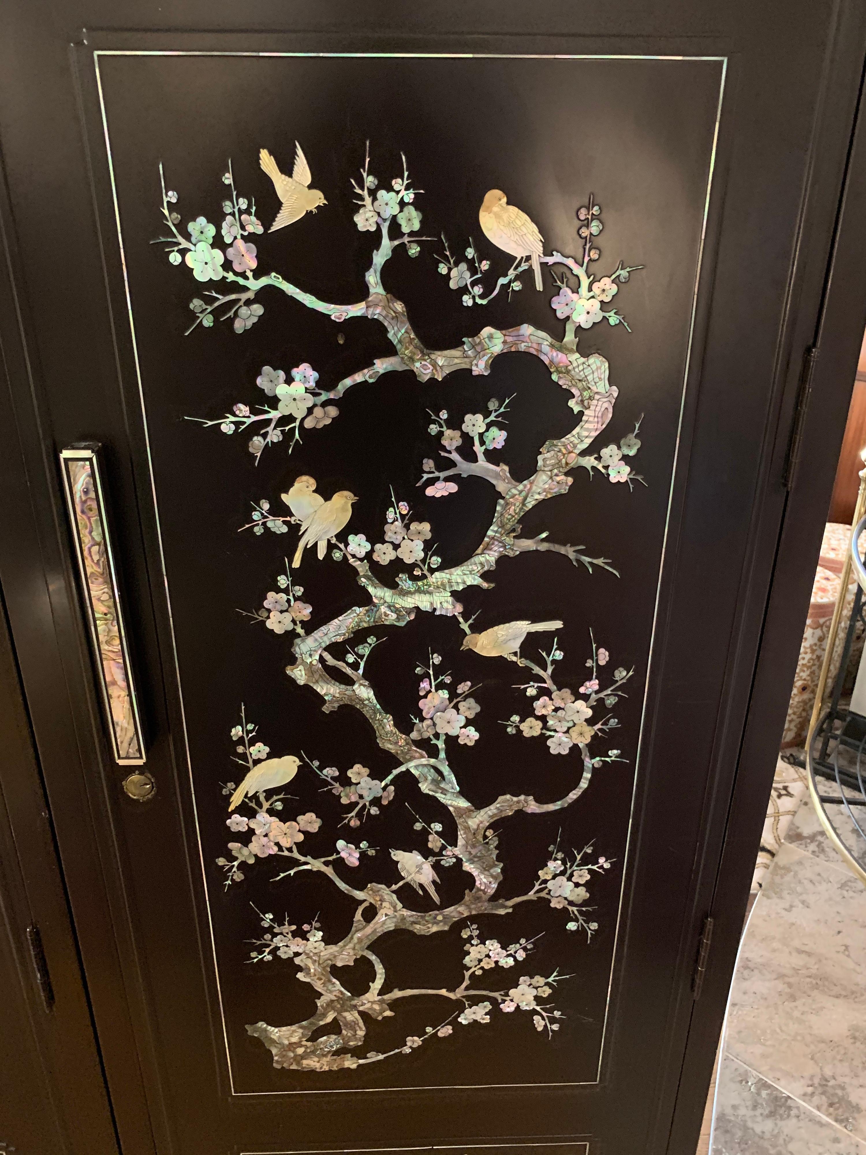 Chinoiserie Extra Large 3-Piece Mother of Pearl Wardrobe Cabinet Armoire 4