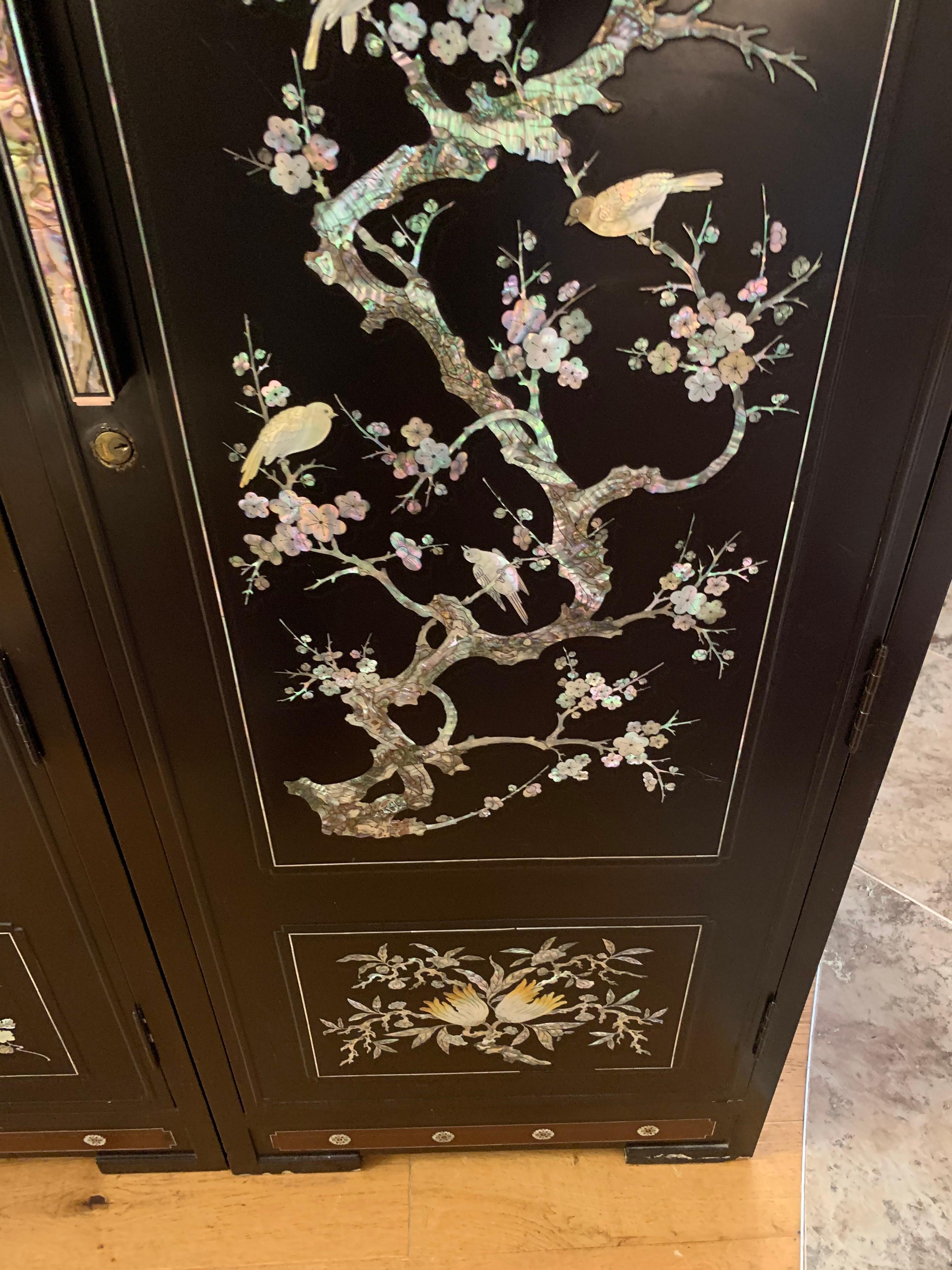 Chinoiserie Extra Large 3-Piece Mother of Pearl Wardrobe Cabinet Armoire 5