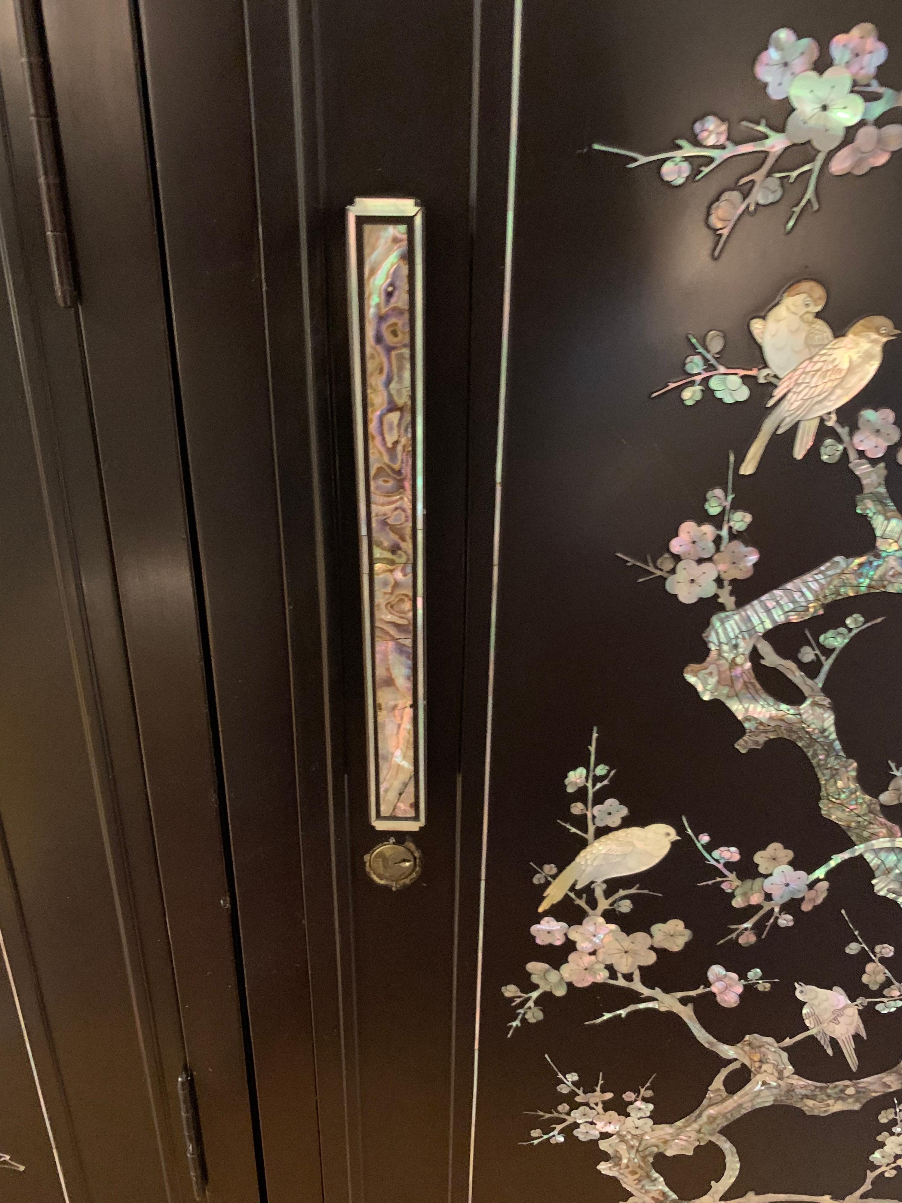 Chinoiserie Extra Large 3-Piece Mother of Pearl Wardrobe Cabinet Armoire 6