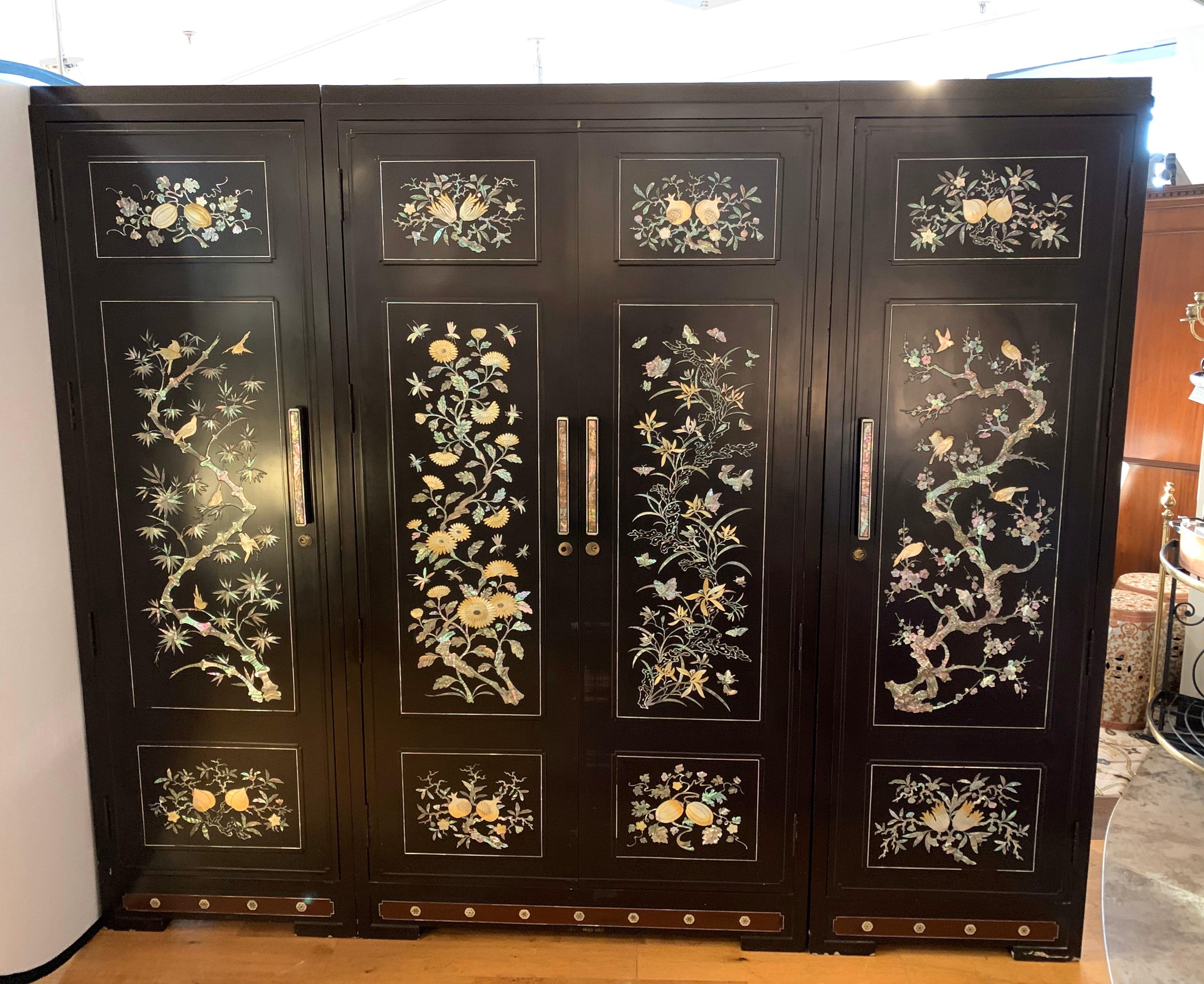 Chinoiserie Extra Large 3-Piece Mother of Pearl Wardrobe Cabinet Armoire 11