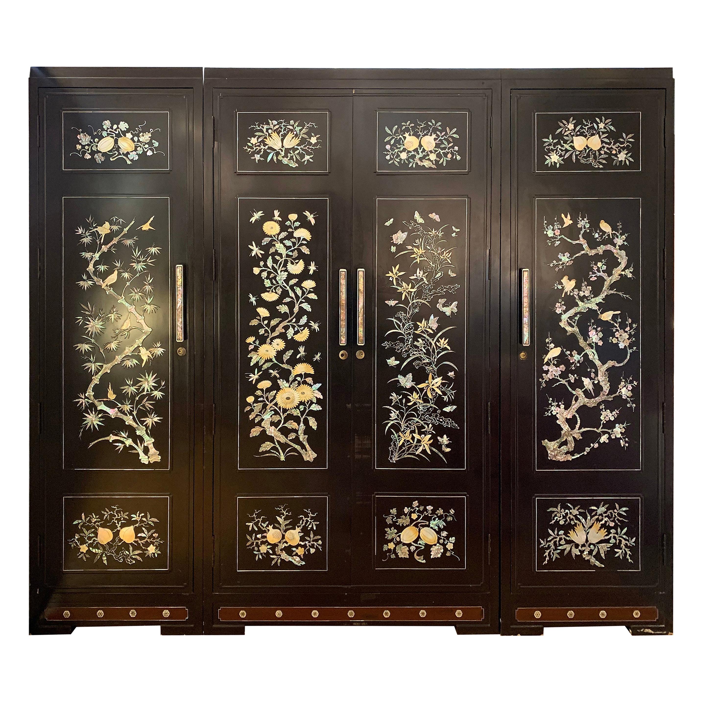 Chinoiserie Extra Large 3-Piece Mother of Pearl Wardrobe Cabinet Armoire