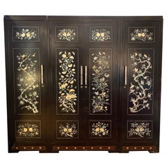 Retro Chinoiserie Extra Large 3 Pc Mother of Pearl Wardrobe Cabinet Armoire