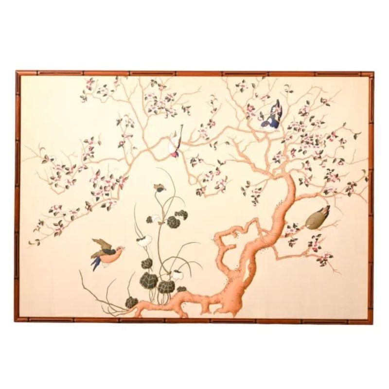 20th Century Chinoiserie Fabric Panel Framed in Faux Bamboo For Sale