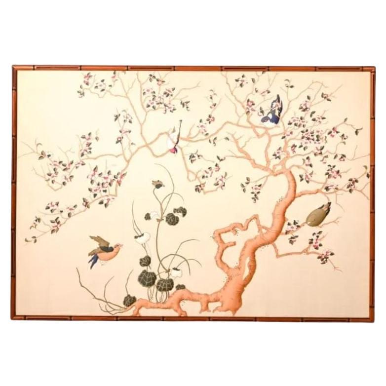 Chinoiserie Fabric Panel Framed in Faux Bamboo For Sale