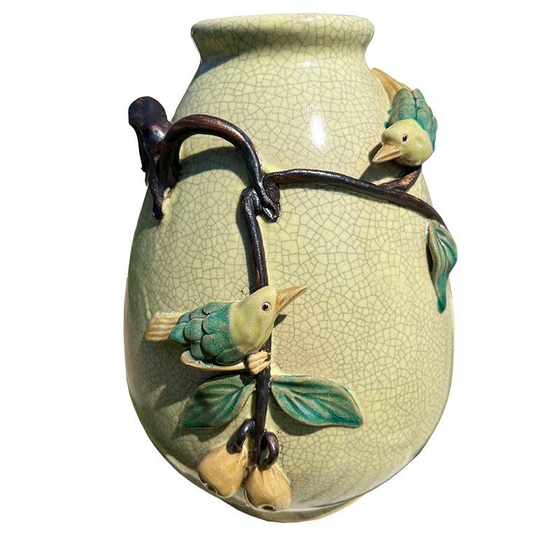 Hong Kong Chinoiserie Famille Jaune Yellow Craquelure Vase with Bird & Olive Branch Motif For Sale
