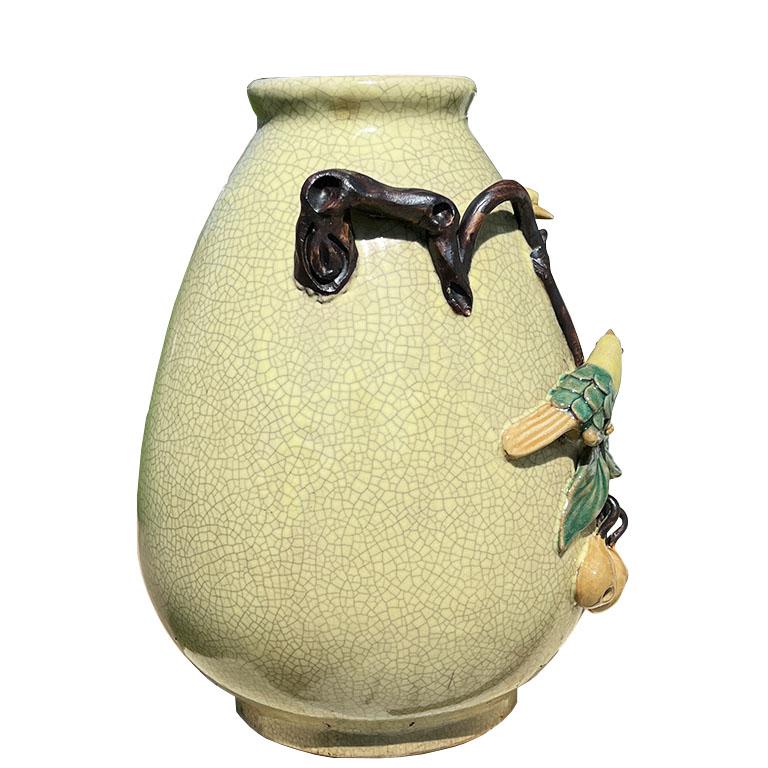20th Century Chinoiserie Famille Jaune Yellow Craquelure Vase with Bird & Olive Branch Motif For Sale