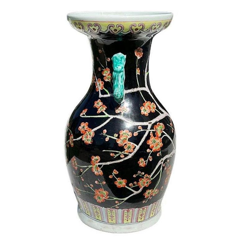 Chinese Chinoiserie Famille Noire Black Dragon Vase with Pink and Green Floral Motif For Sale