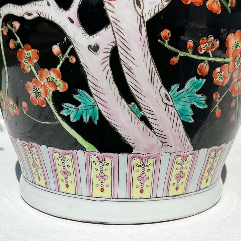 Chinoiserie Famille Noire Black Dragon Vase with Pink and Green Floral Motif In Good Condition For Sale In Oklahoma City, OK