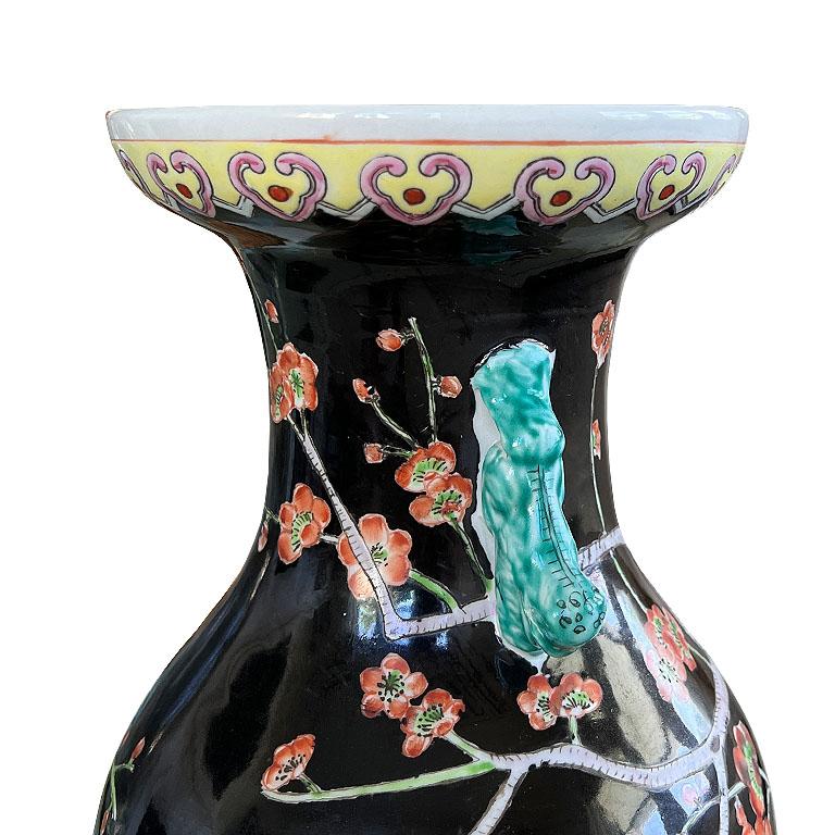 20th Century Chinoiserie Famille Noire Black Dragon Vase with Pink and Green Floral Motif For Sale