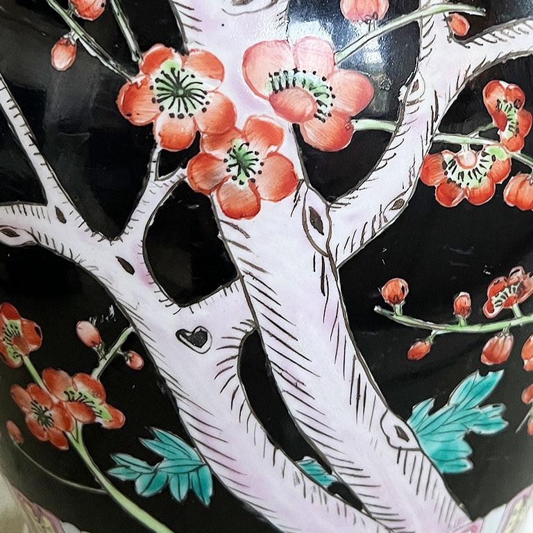 Ceramic Chinoiserie Famille Noire Black Dragon Vase with Pink and Green Floral Motif For Sale