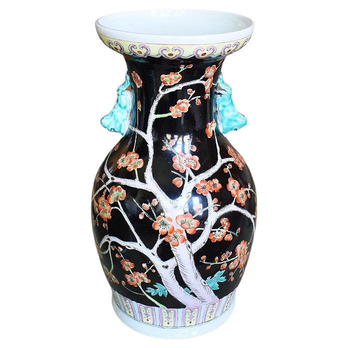 Chinoiserie Famille Noire Black Dragon Vase with Pink and Green Floral Motif For Sale