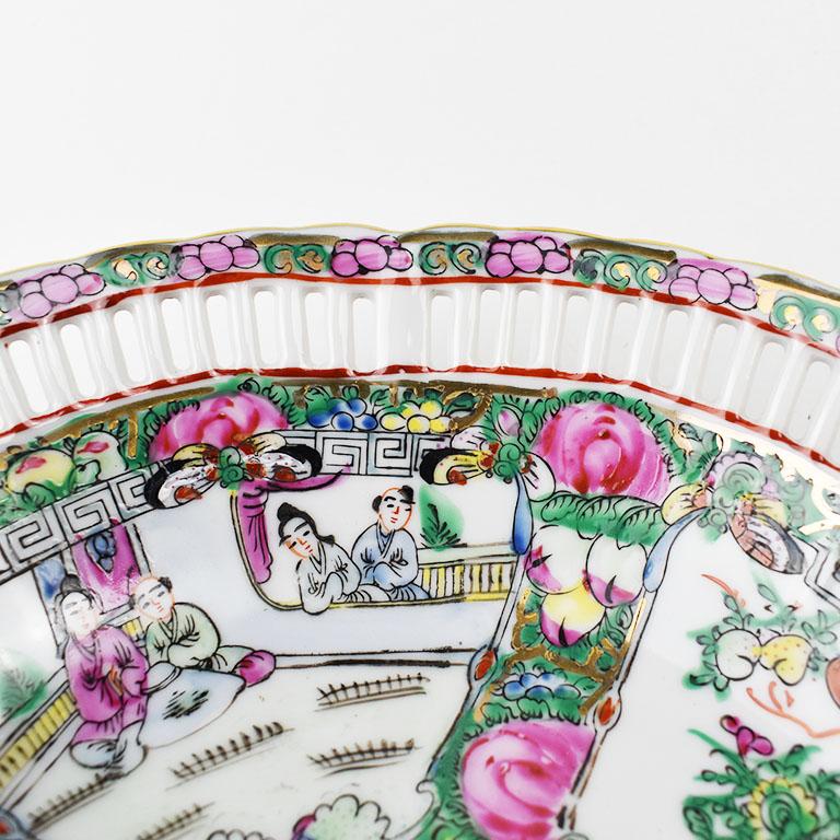 Chinese Chinoiserie Famille Rose Pink Pierced Ceramic Bowl with Botanical Motif