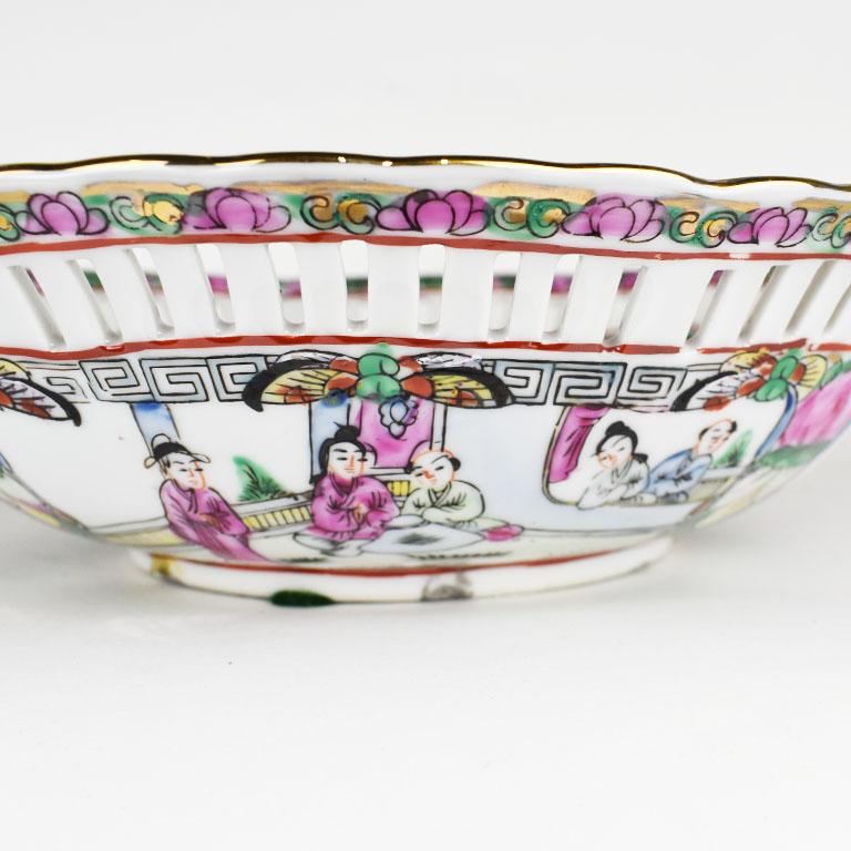 Chinoiserie Famille Rose Pink Pierced Ceramic Bowl with Botanical Motif In Good Condition In Oklahoma City, OK