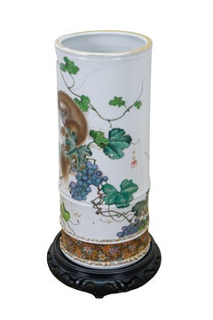 Chinoiserie Famille Rose Porcelain Cylidrical Squirrel Grapevine Vase 14"