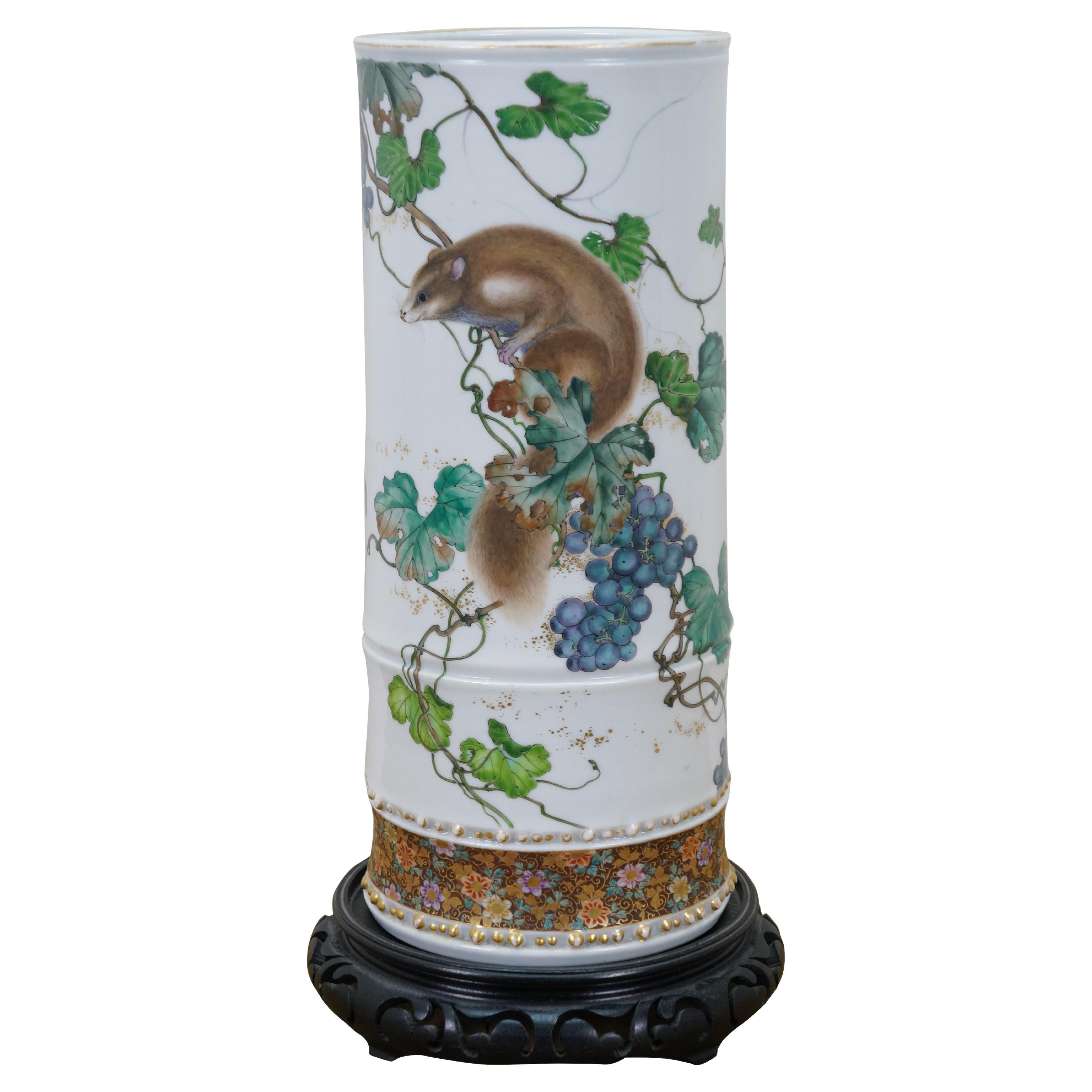 Chinoiserie Famille Rose Porcelain Cylidrical Squirrel Grapevine Vase 14" For Sale