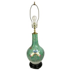 chinoiserie Famille Verte Green Bok Choy Butterfuly Ceramic Vase Table Lamp