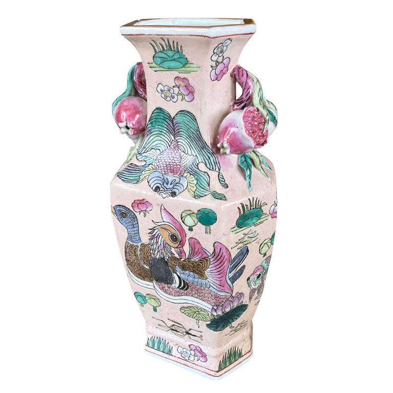 Chinoiserie Famille Verte Rose Pink Ceramic Polychrome Pomegranate Vase For Sale 2