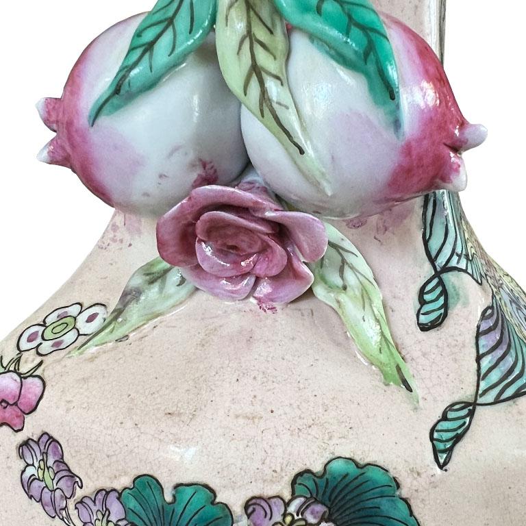 20th Century Chinoiserie Famille Verte Rose Pink Ceramic Polychrome Pomegranate Vase For Sale
