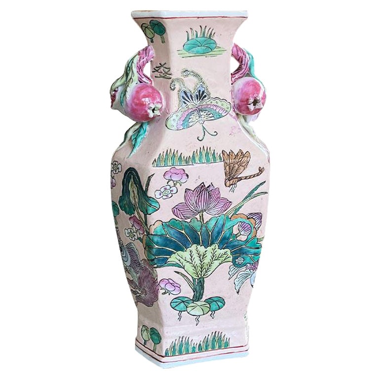 Chinoiserie Famille Verte Rose Pink Ceramic Polychrome Pomegranate Vase