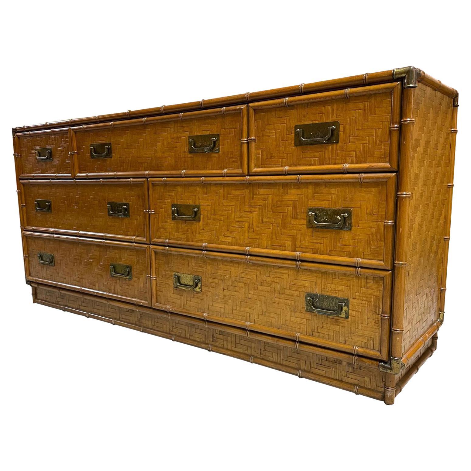 Chinoiserie Faux Bamboo and Parquetry 7 Drawer Campaign Dresser