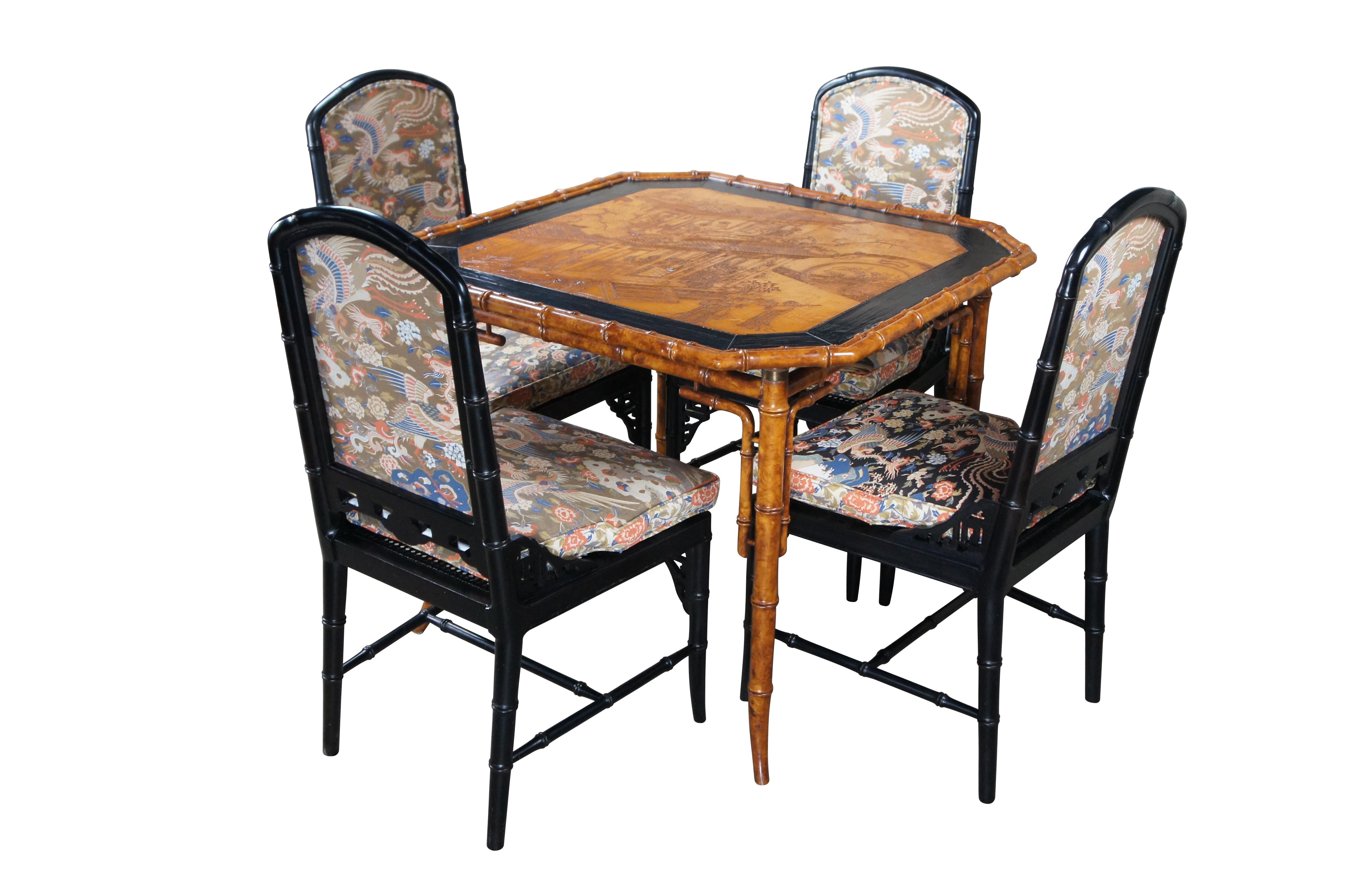 Chinoiserie Faux Bamboo Black Lacquer Crane Geisha Game Table & Chairs In Good Condition For Sale In Dayton, OH