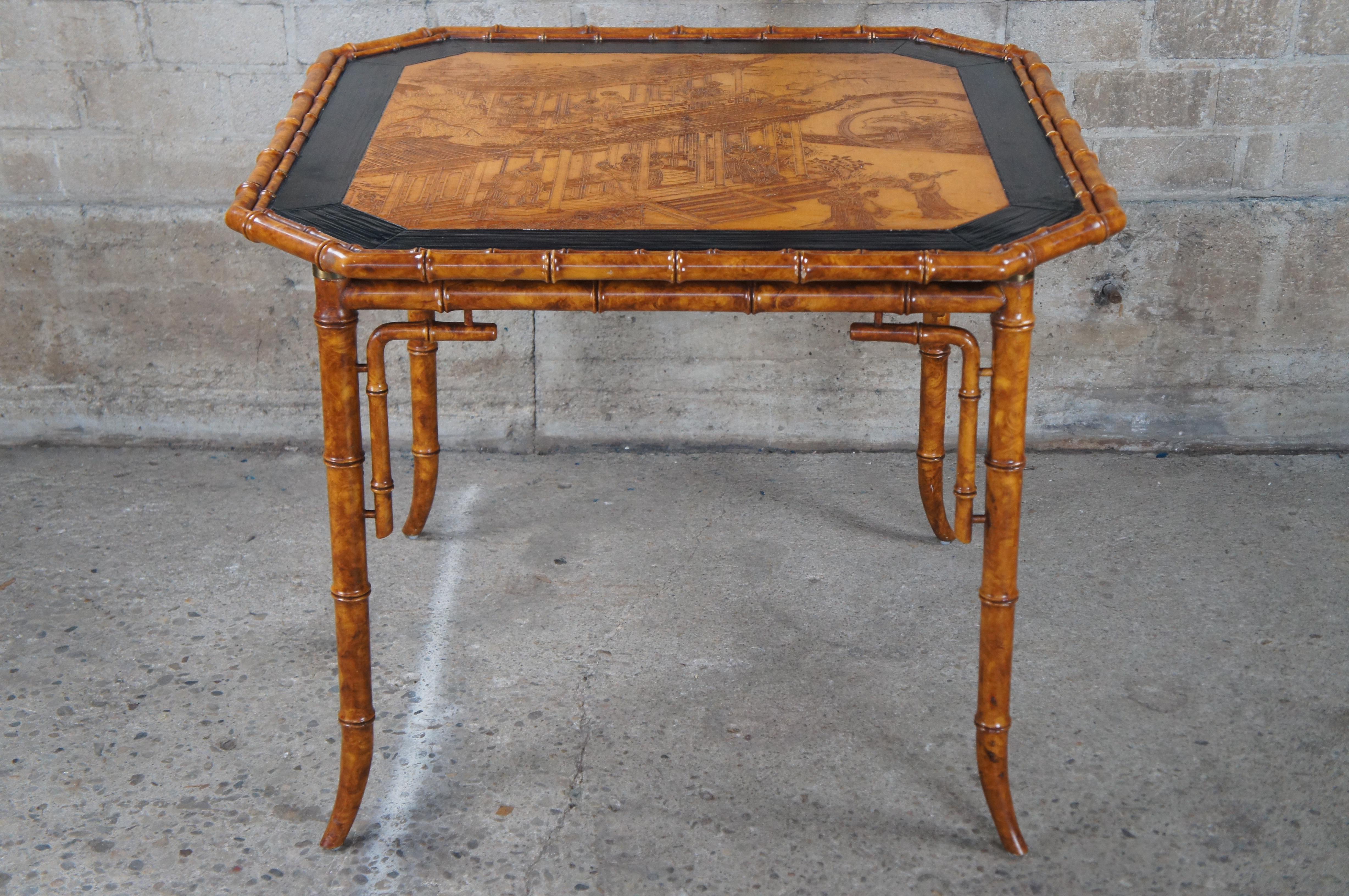 20th Century Chinoiserie Faux Bamboo Black Lacquer Crane Geisha Game Table & Chairs For Sale
