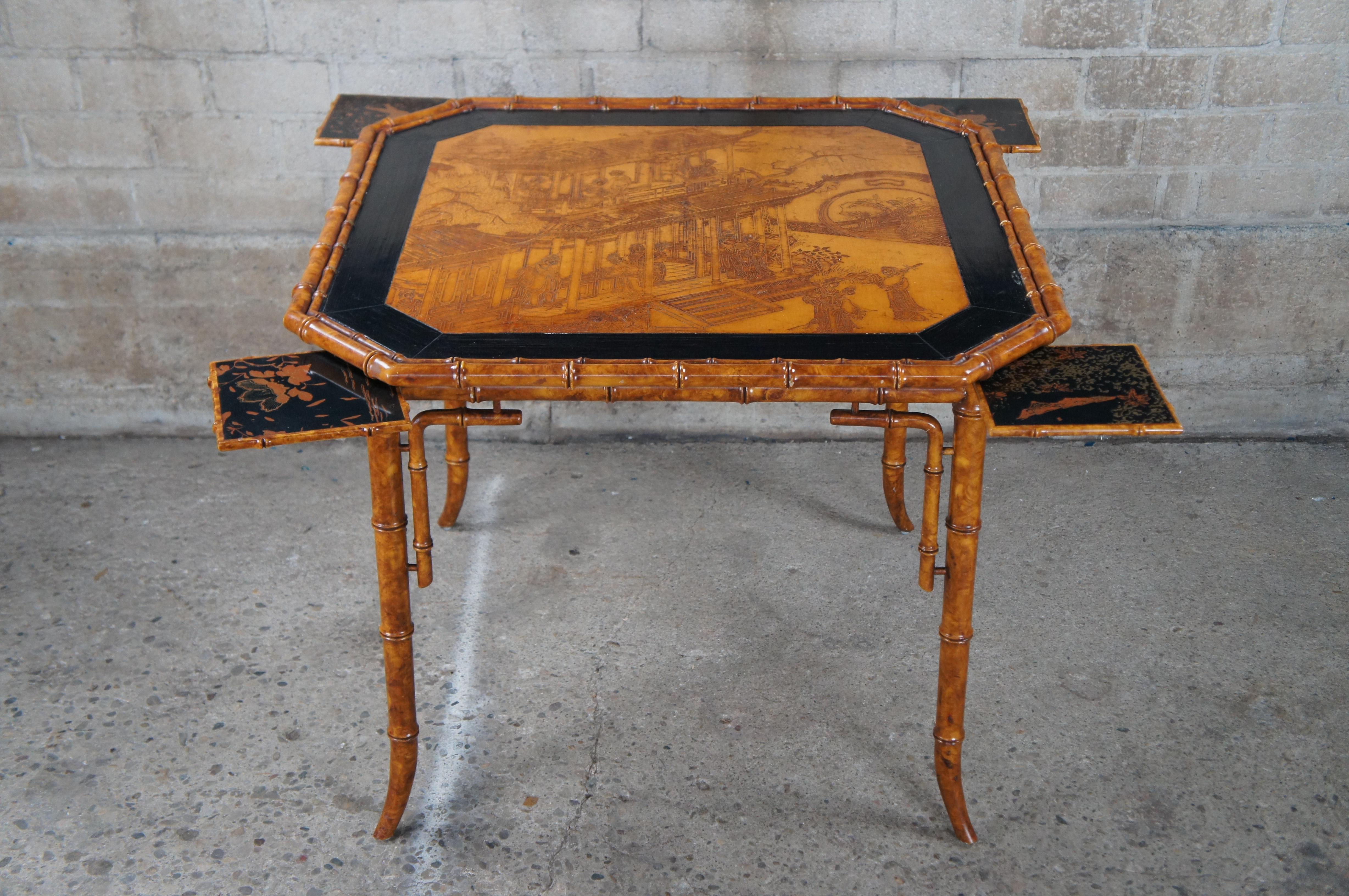Upholstery Chinoiserie Faux Bamboo Black Lacquer Crane Geisha Game Table & Chairs For Sale