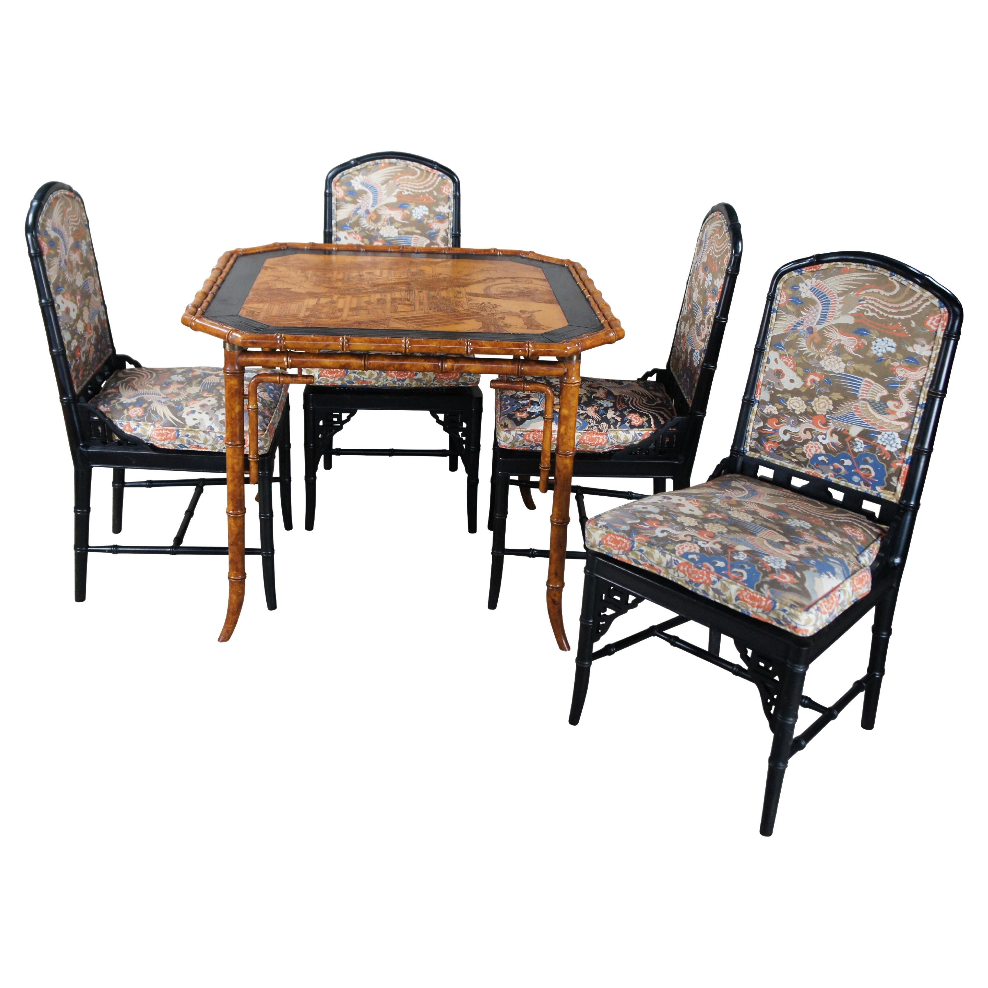 Chinoiserie Faux Bamboo Black Lacquer Crane Geisha Game Table & Chairs For Sale