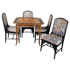 Used Chinoiserie Faux Bamboo Black Lacquer Crane Geisha Game Table & Chairs