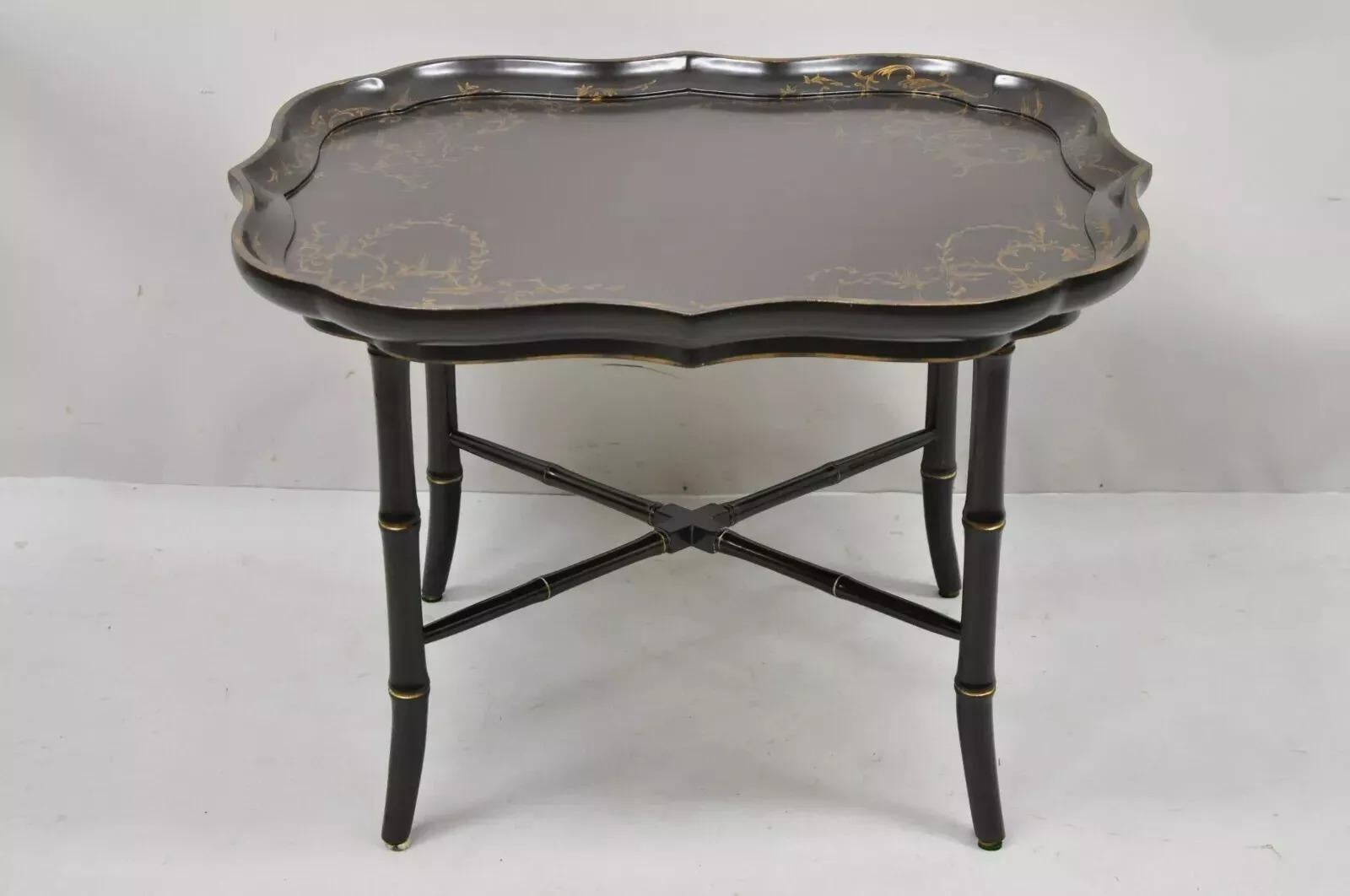 Chinoiserie Bambú de imitación Laca Marrón Bandeja de Festón Mesa de Cocktail Café en venta 4