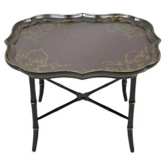 Chinoiserie Faux Bamboo Brown Lacquer Scallop Tray Top Coffee Cocktail Table