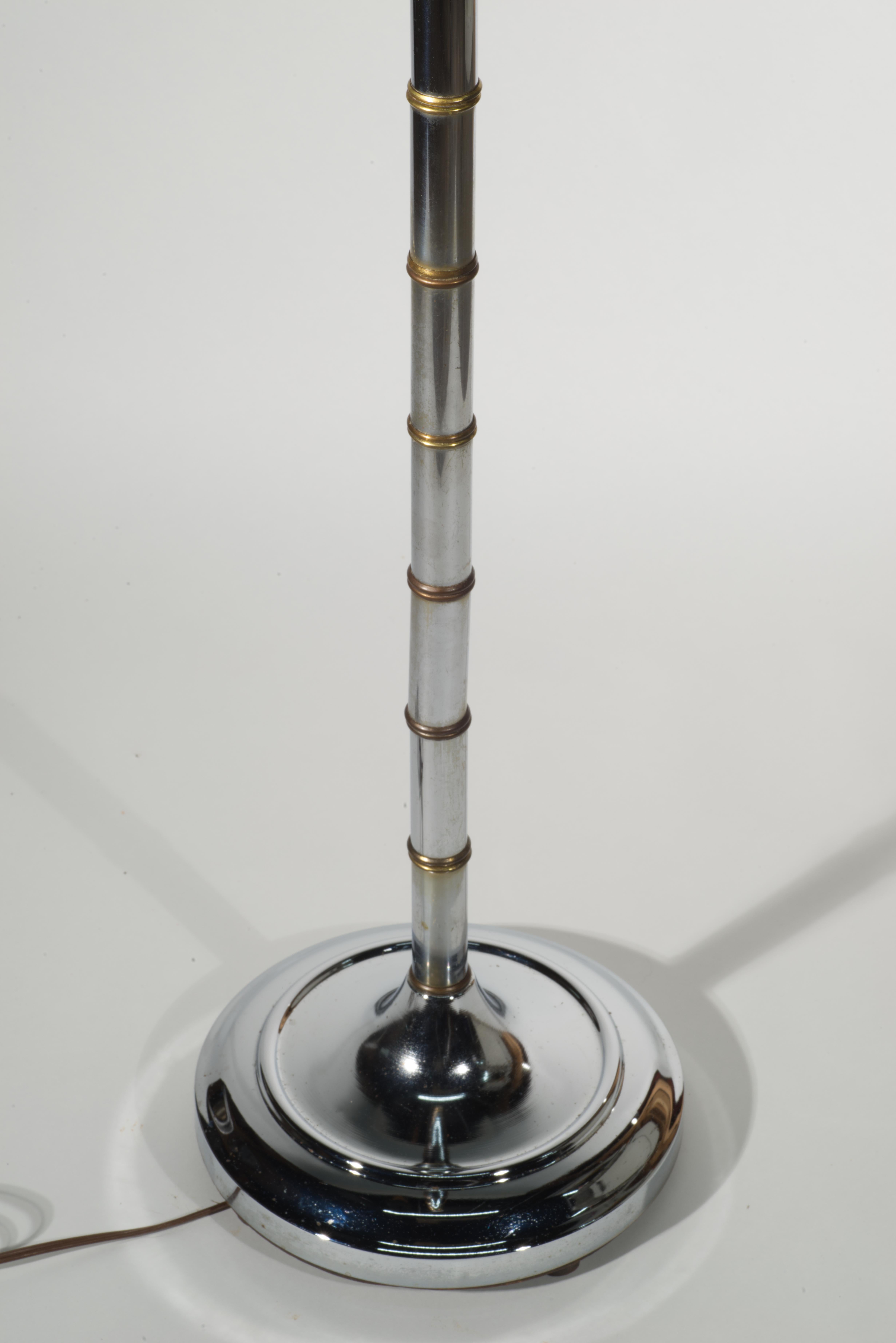 Mid-Century Modern Chinoiserie Faux Bamboo Chrome & Brass Floor Lamp Torcher For Sale