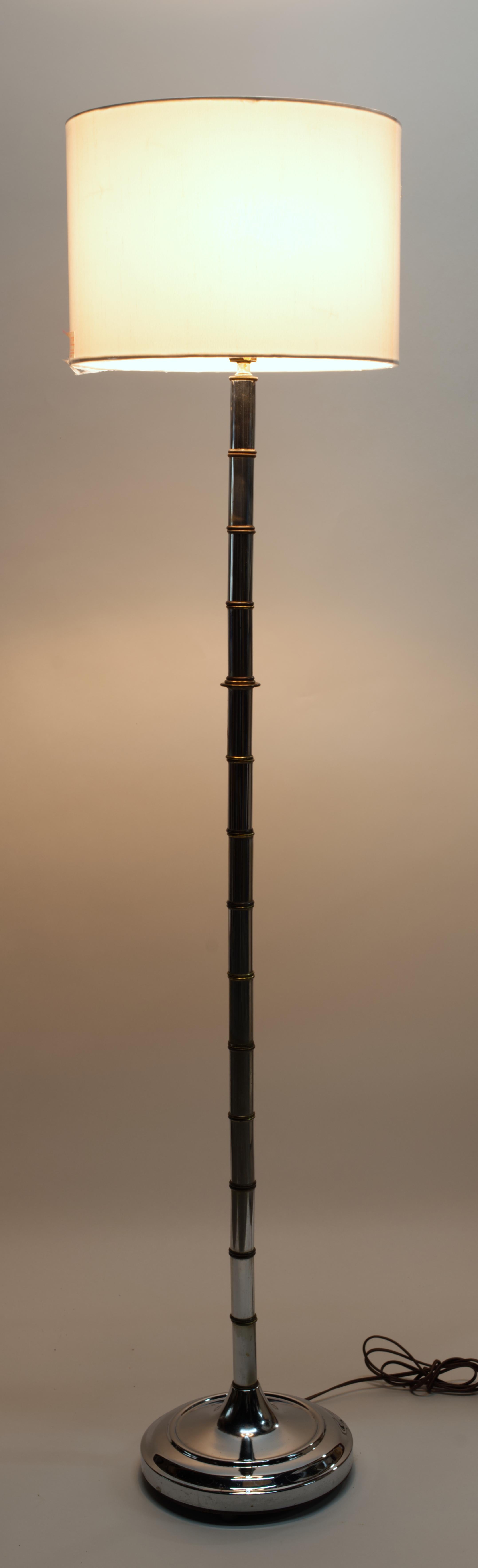 20th Century Chinoiserie Faux Bamboo Chrome & Brass Floor Lamp Torcher For Sale