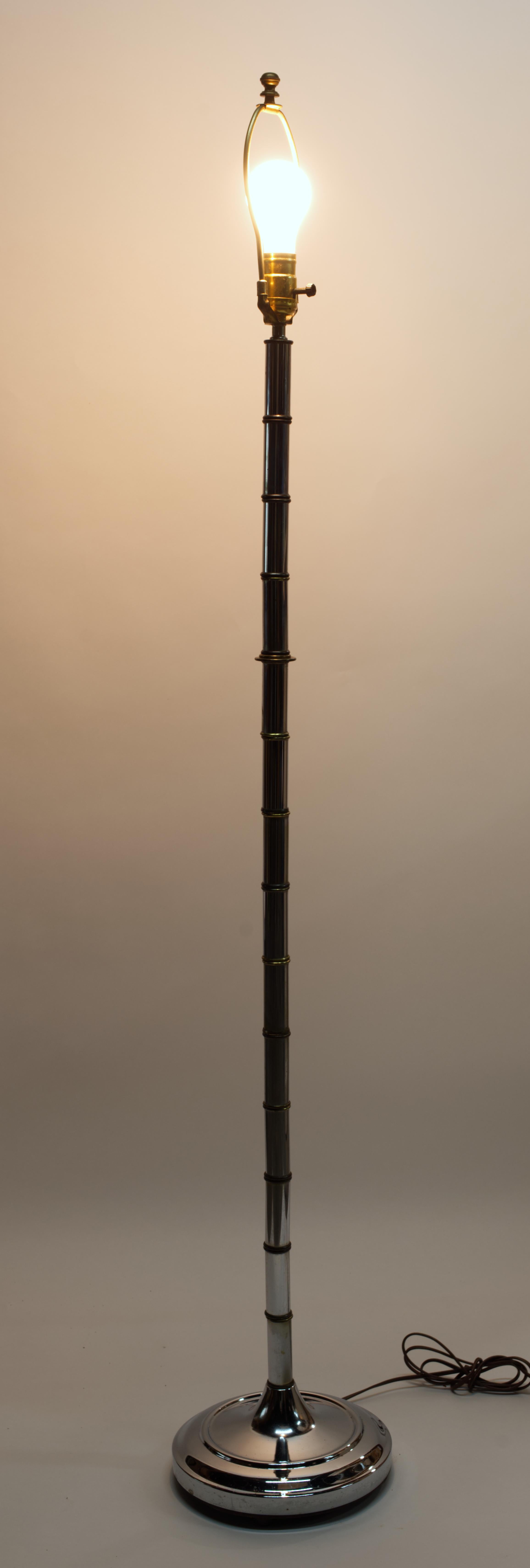 Chinoiserie Faux Bamboo Chrome & Brass Floor Lamp Torcher For Sale 1