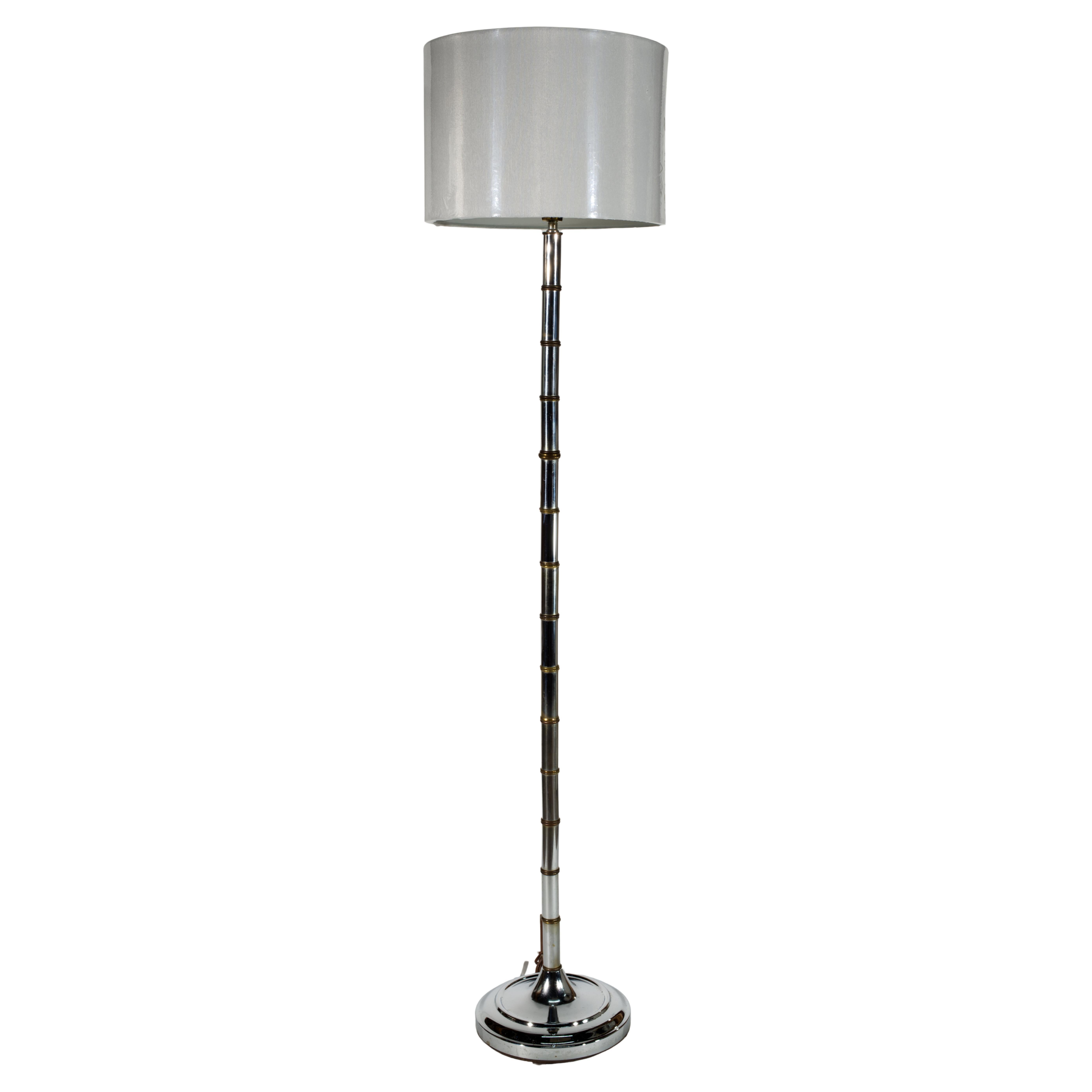 Chinoiserie Faux Bamboo Chrome & Brass Floor Lamp Torcher For Sale
