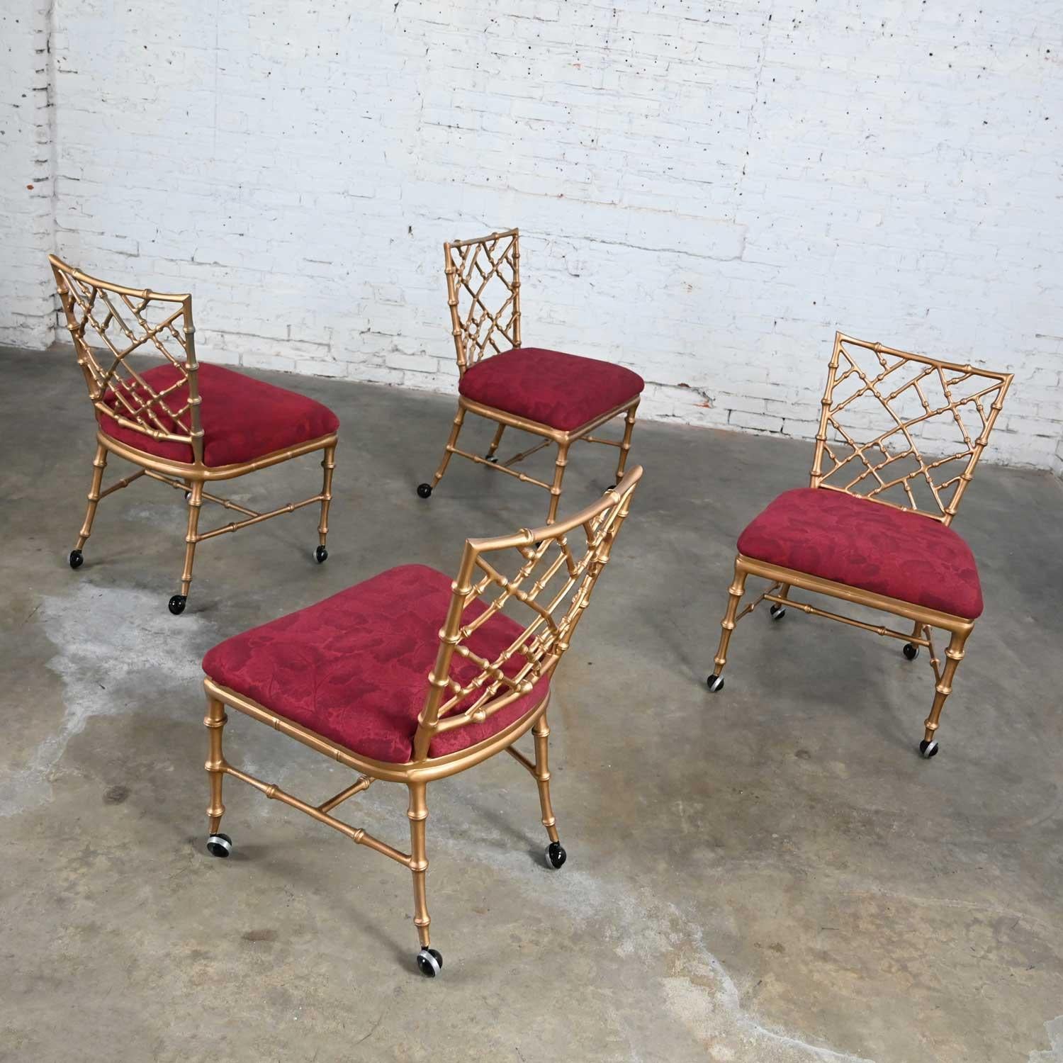 Chinoiserie Faux Bamboo Gold Painted Metal Chairs Rolling Style Phyllis Morris In Good Condition For Sale In Topeka, KS
