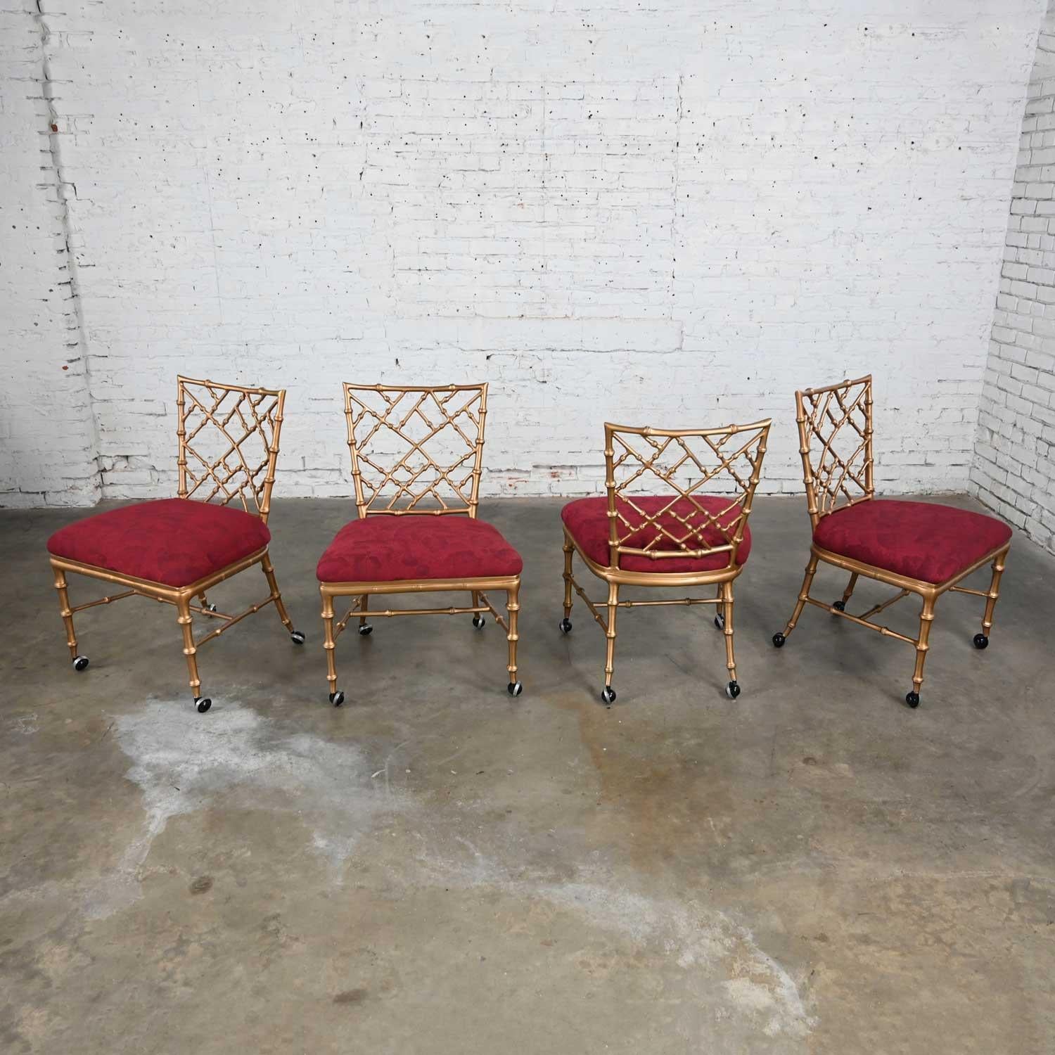 20th Century Chinoiserie Faux Bamboo Gold Painted Metal Chairs Rolling Style Phyllis Morris For Sale