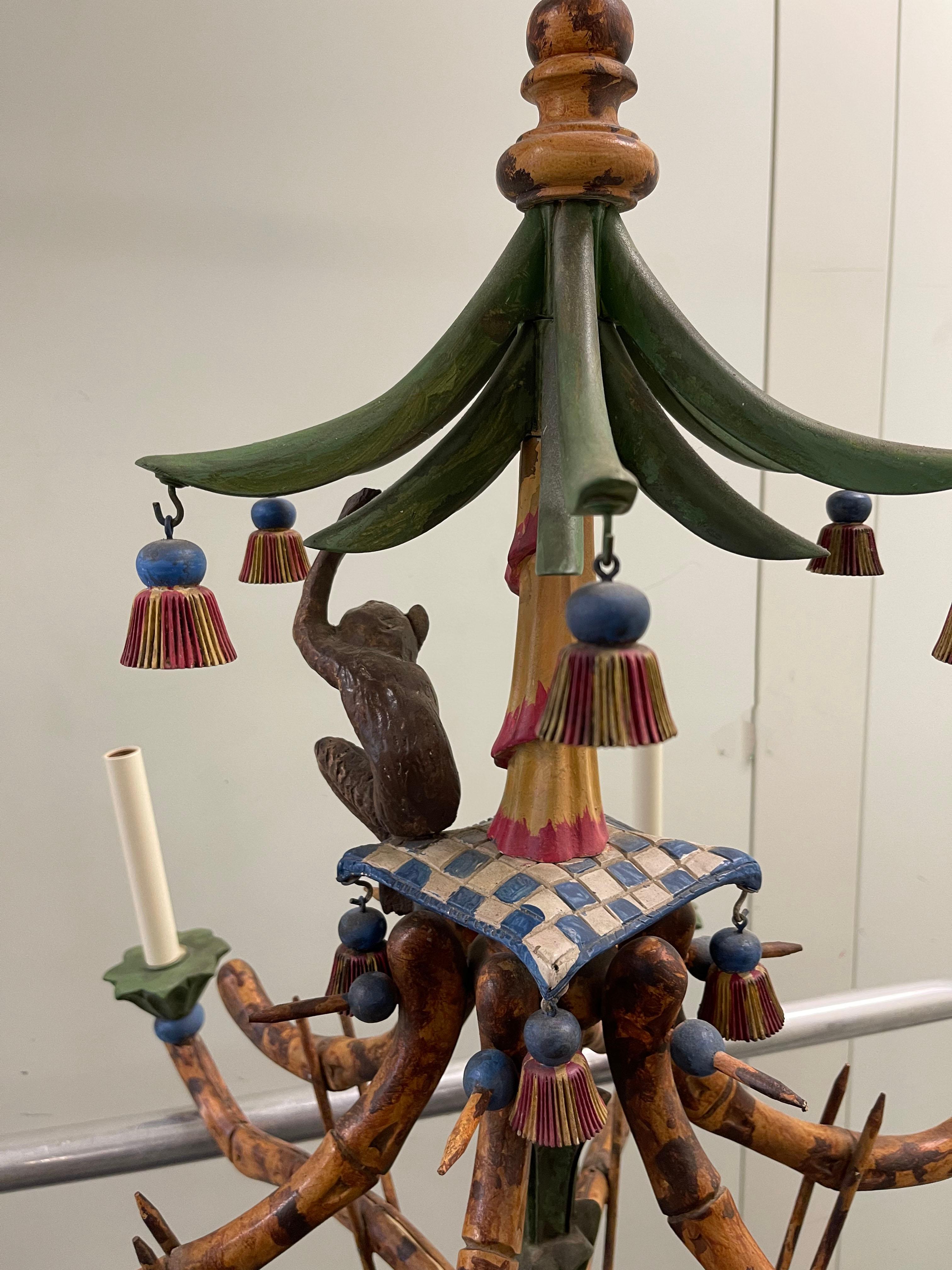 Wood Chinoiserie Faux Bamboo Monkey Chandelier