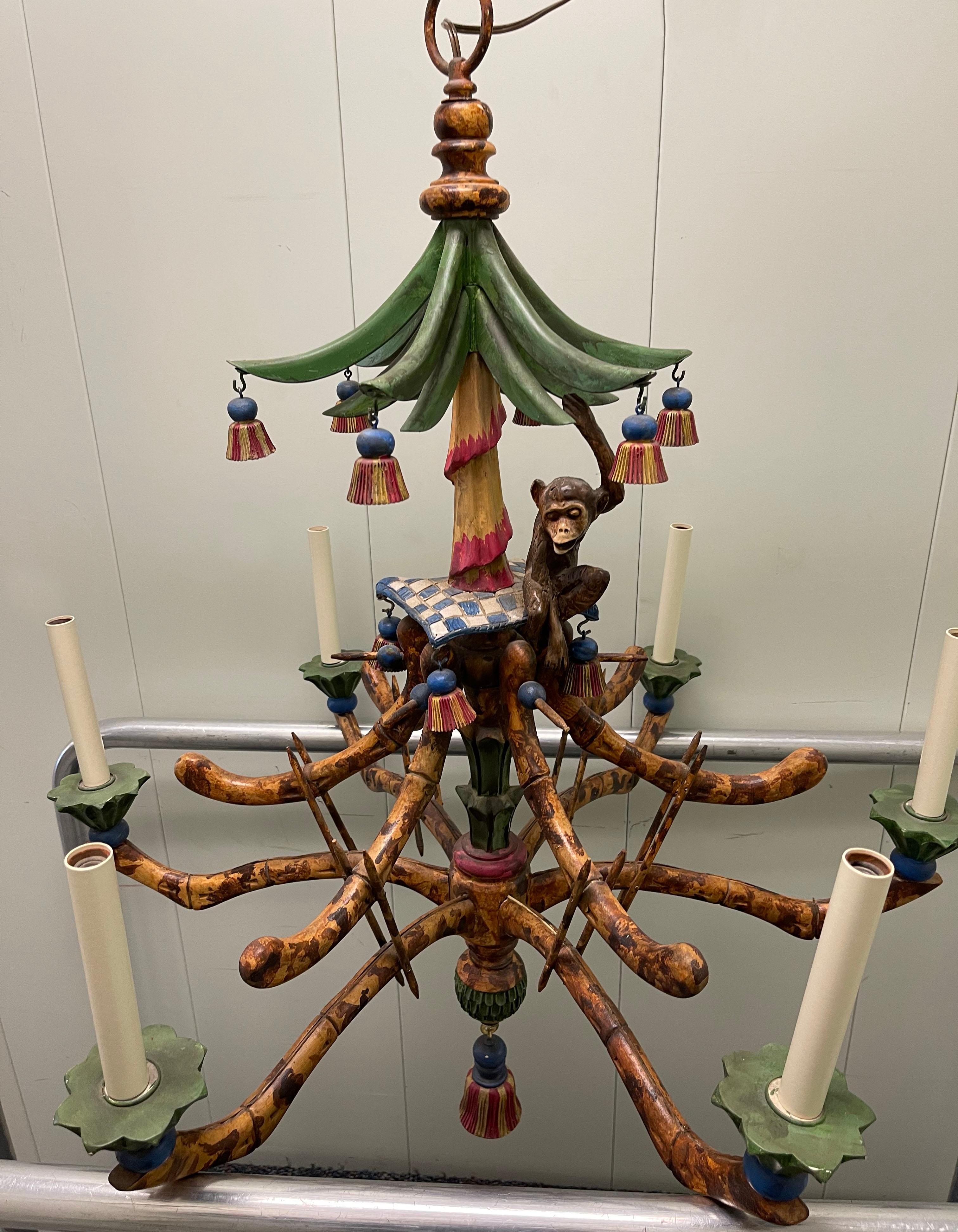 American Chinoiserie Faux Bamboo Monkey Chandelier