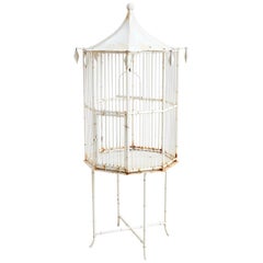 Antique Chinoiserie Faux Bamboo Pagoda Standing Bird Cage