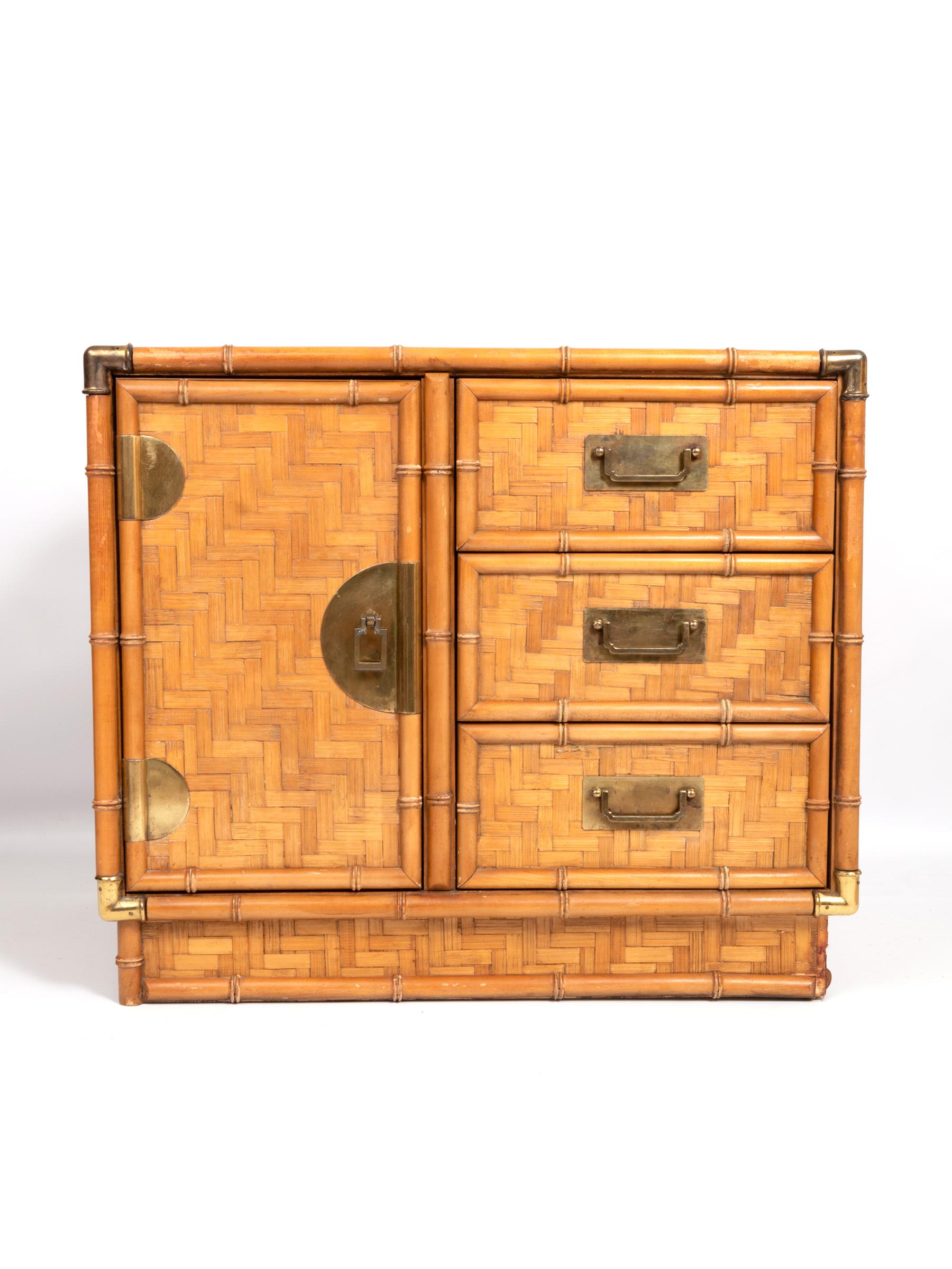 Chinoiserie faux bamboo and parquetry campaign style cabinet cupboard, 
Circa 1970.
In very good vintage condition commensurate of age. Patination to the brass detailing and small piece of faux bamboo missing on the front bottom right (please see