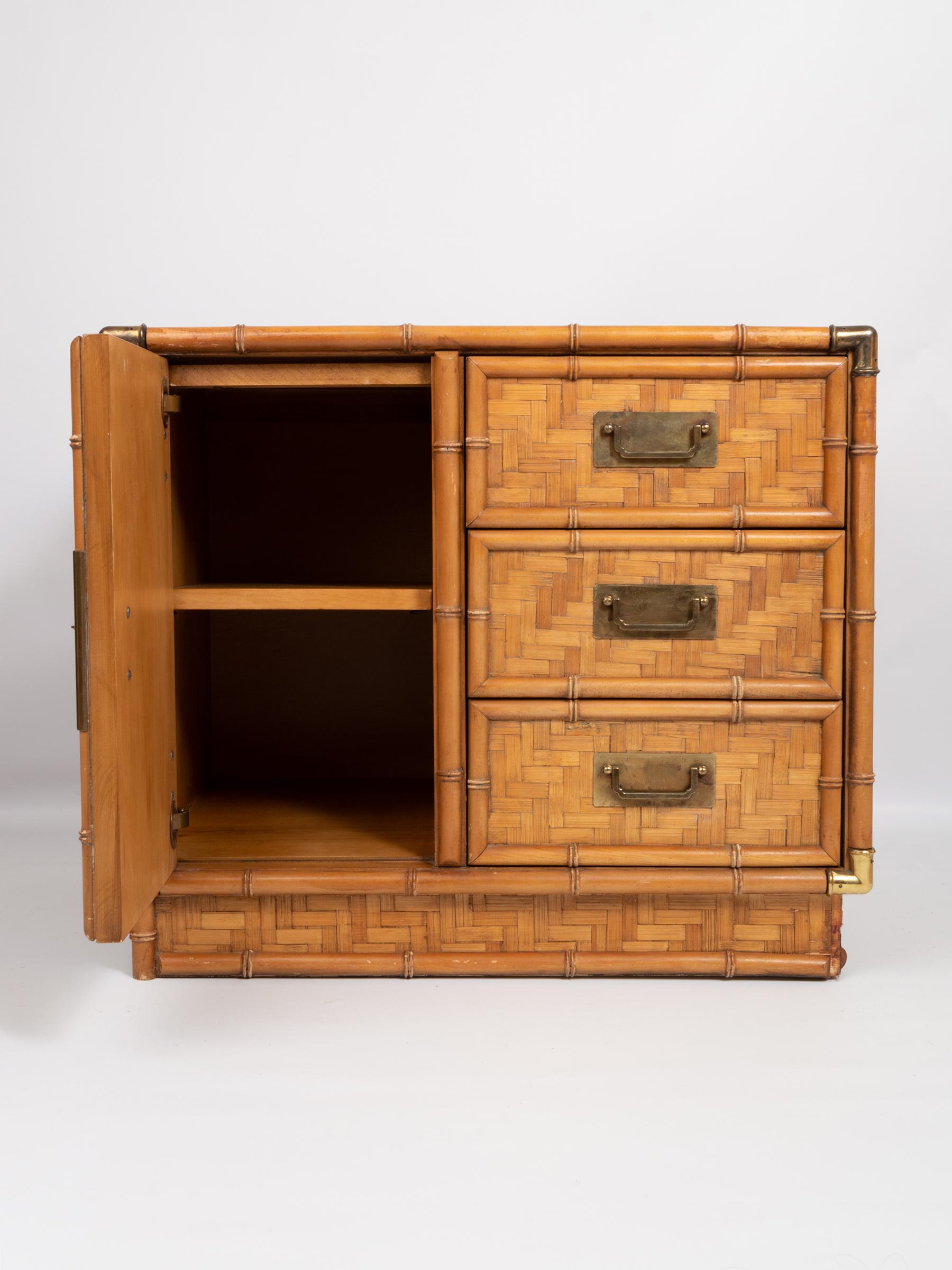 Hollywood Regency Chinoiserie Faux Bamboo and Parquetry Cabinet Cupboard C.1970 For Sale