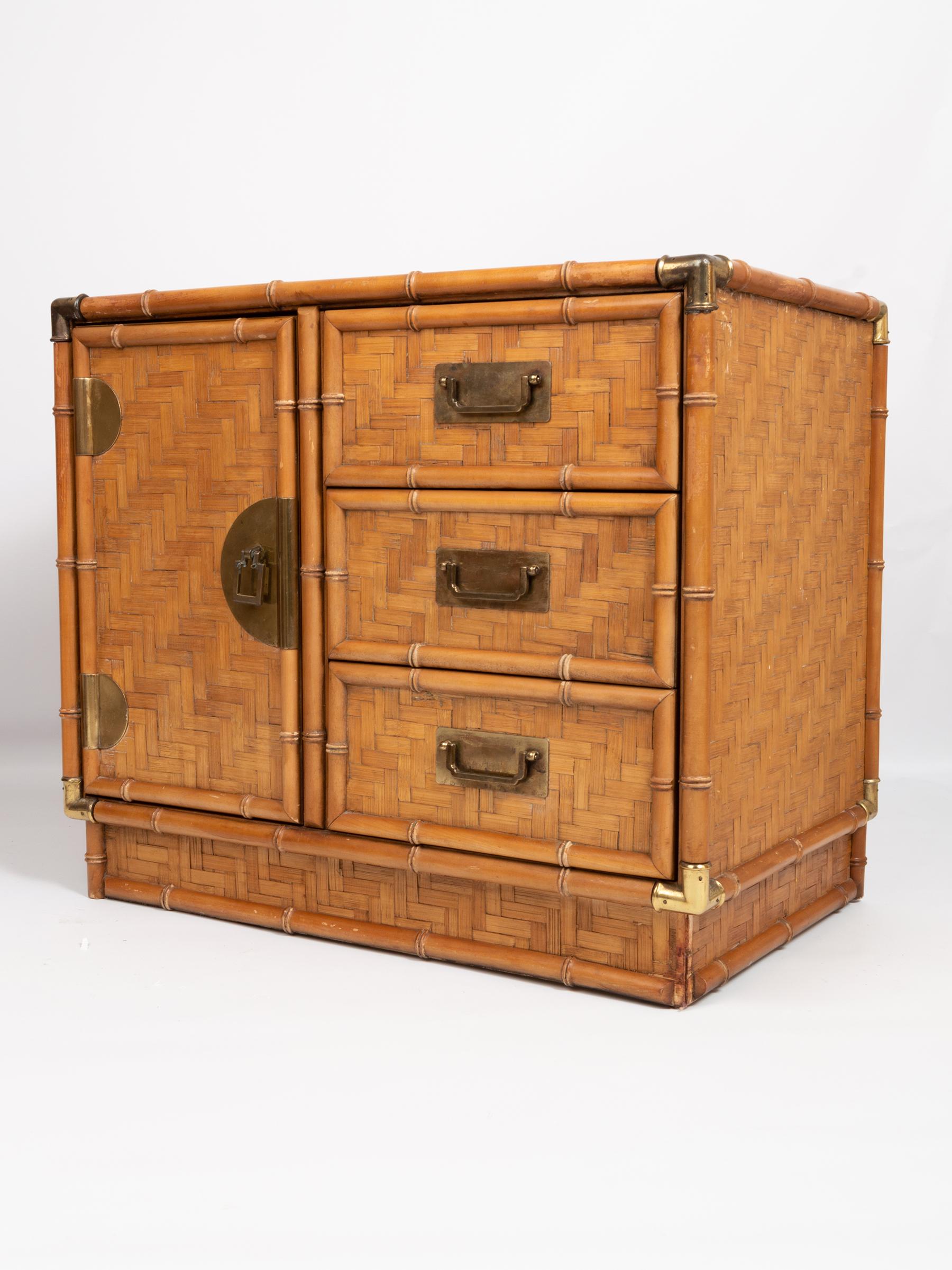 American Chinoiserie Faux Bamboo and Parquetry Cabinet Cupboard C.1970 For Sale