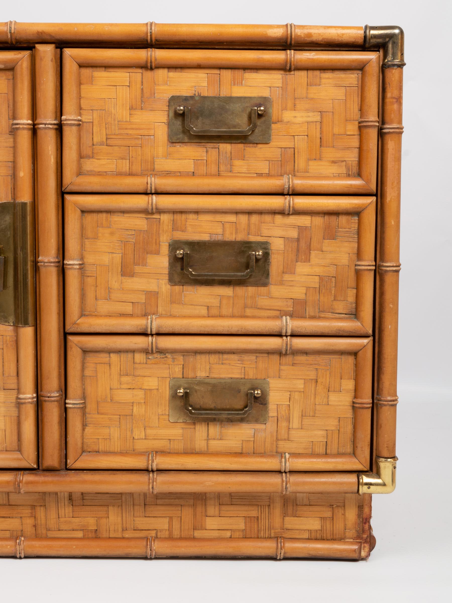 Brass Chinoiserie Faux Bamboo and Parquetry Cabinet Cupboard C.1970 For Sale