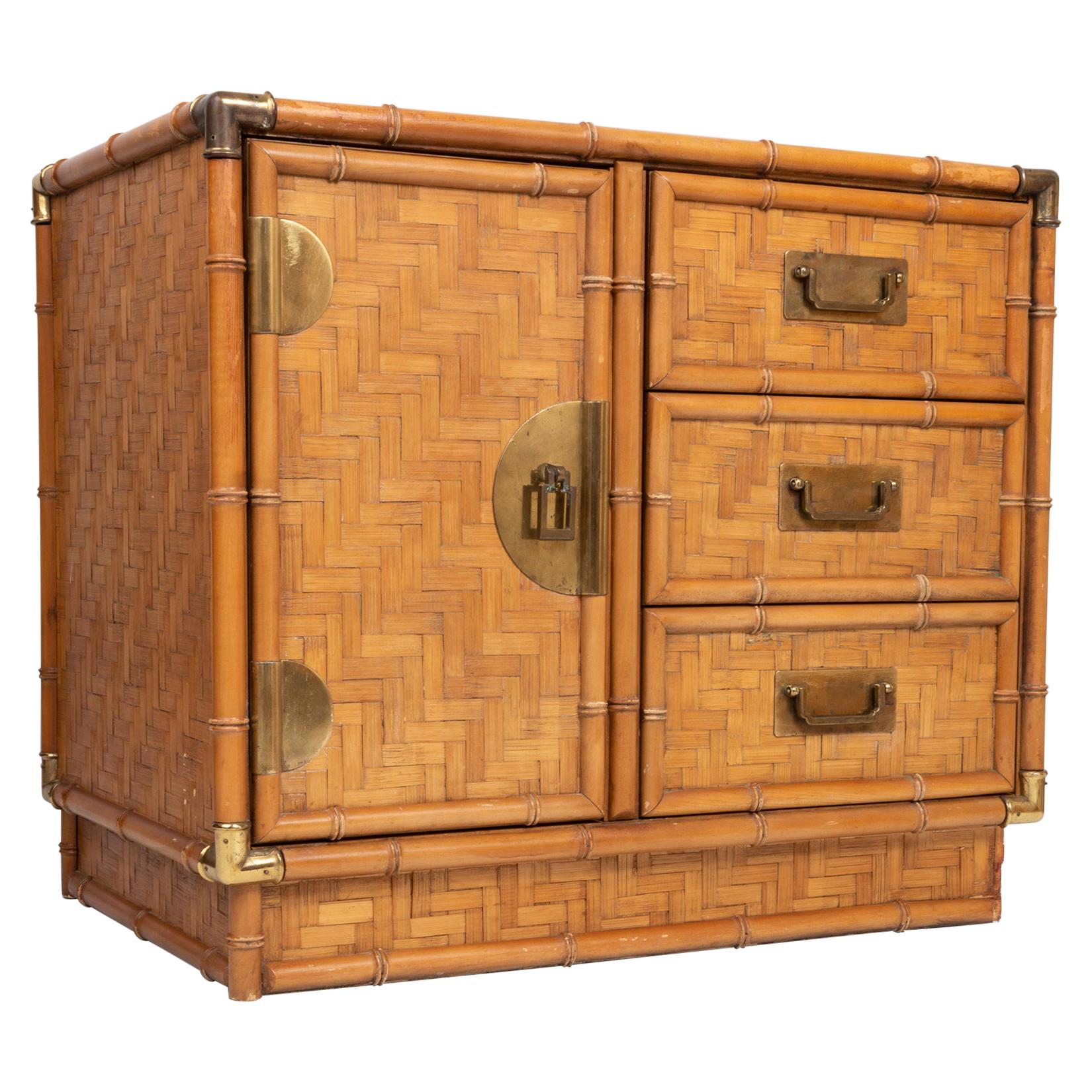 Chinoiserie Faux Bamboo and Parquetry Campaign Style Cabinet Cupboard, USA