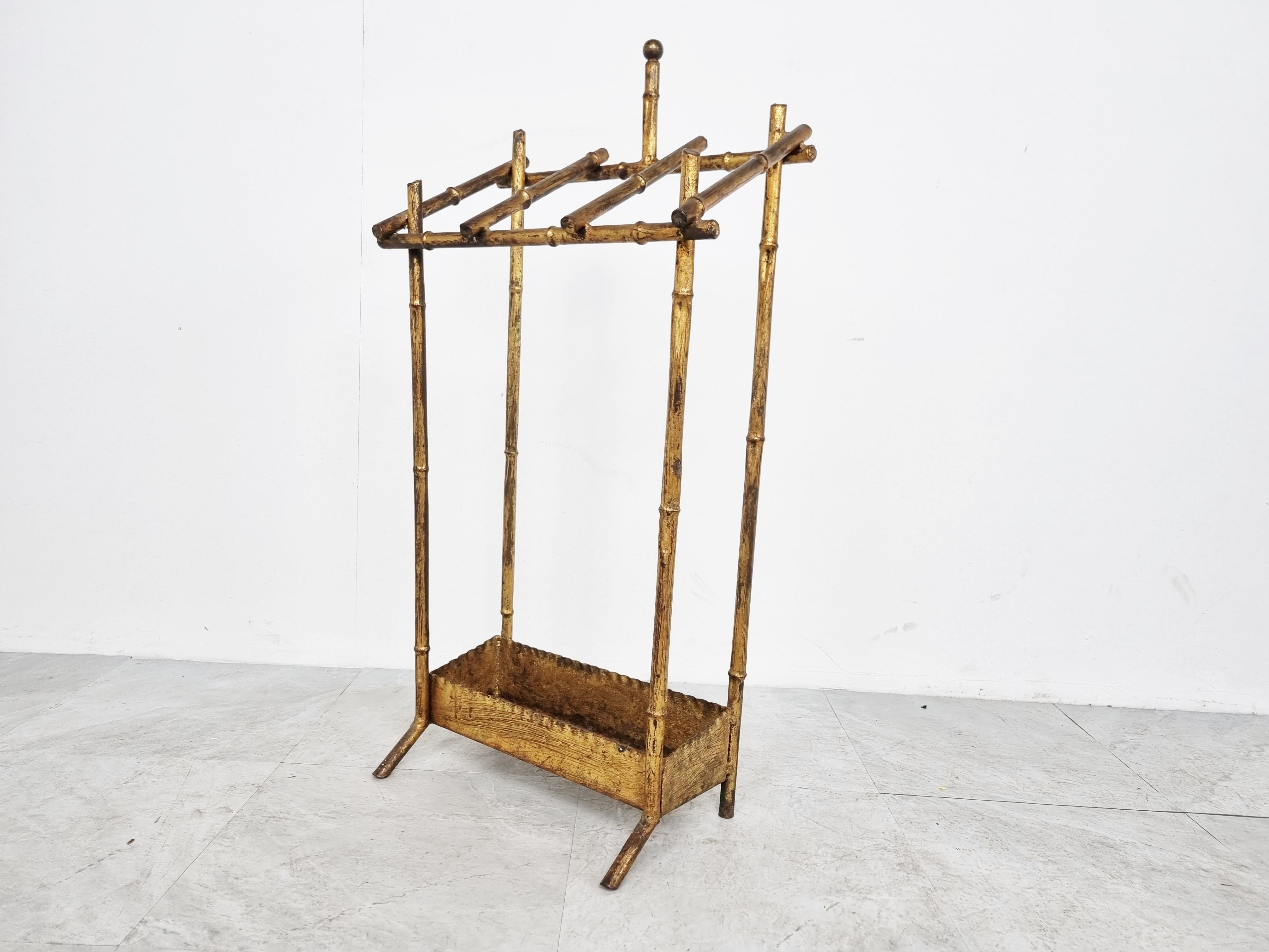 Gilt Chinoiserie Faux Bamboo Umbrella Stand, 1960s For Sale
