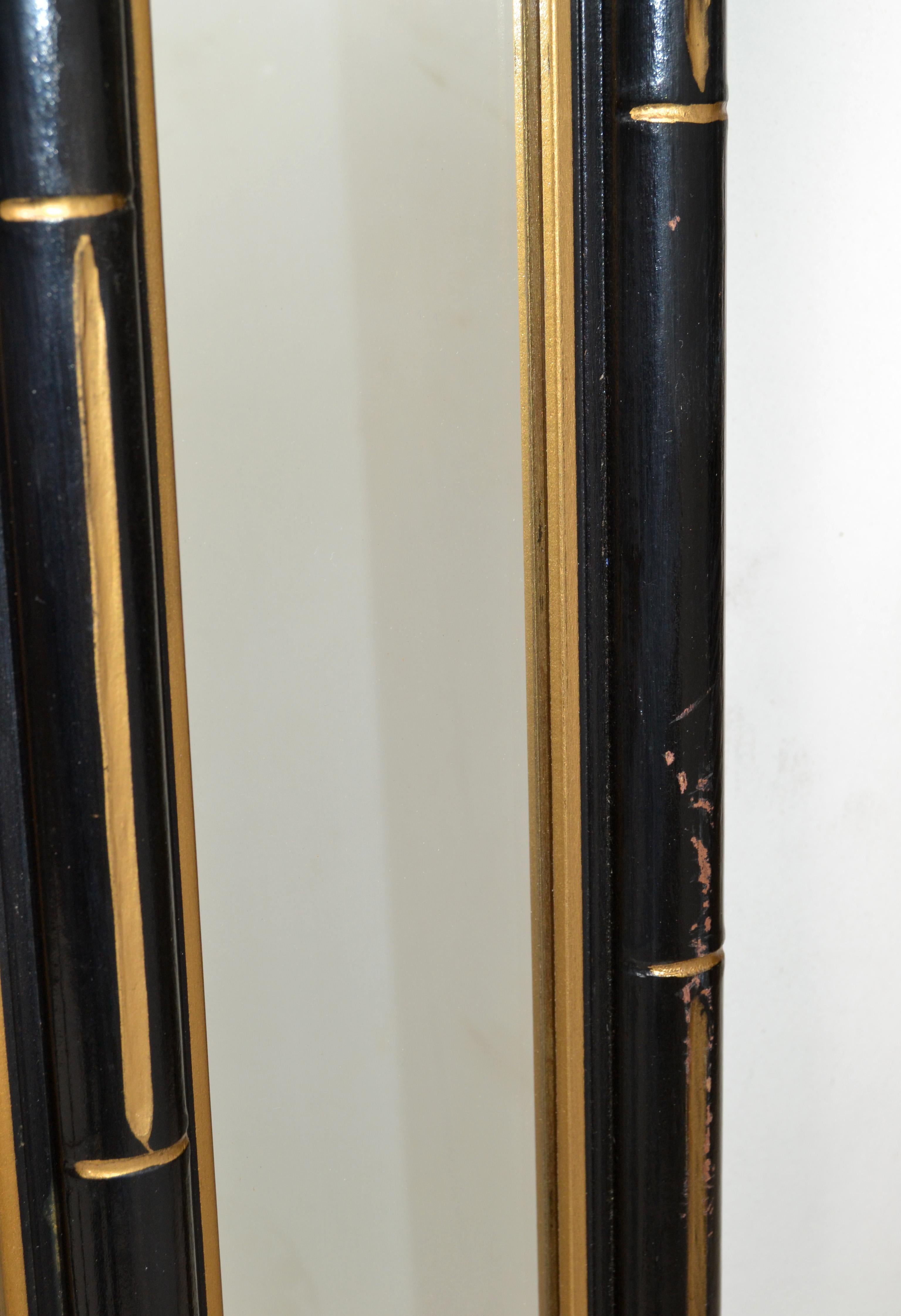 Chinoiserie Faux Bamboo Wall Mirror Black & Gold Finish Chinese Export, 1970 For Sale 4